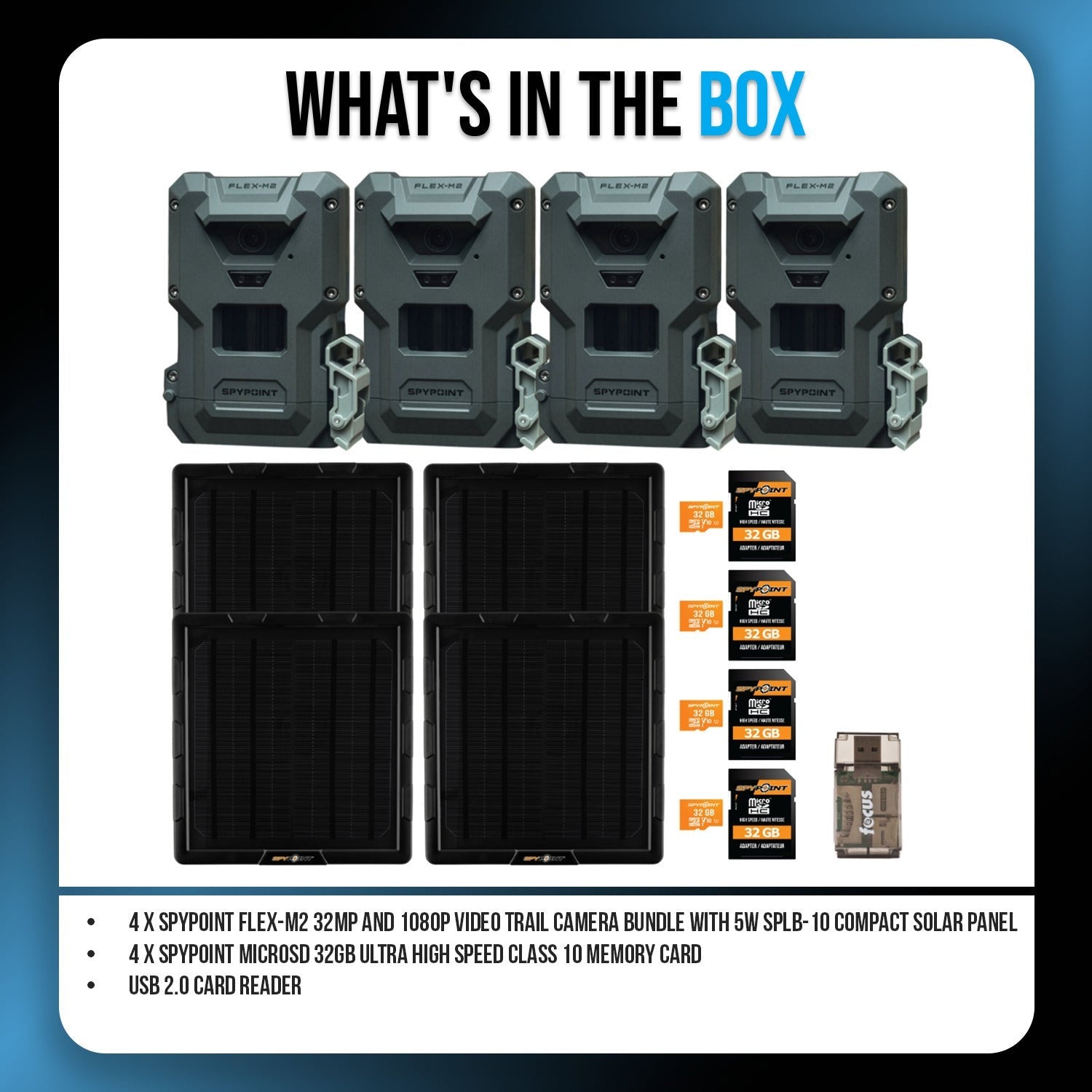 Spypoint FLEX-M2 32MP Trail Camera (4-Pack) with Solar Panel, Memory Card and Card Reader Bundle