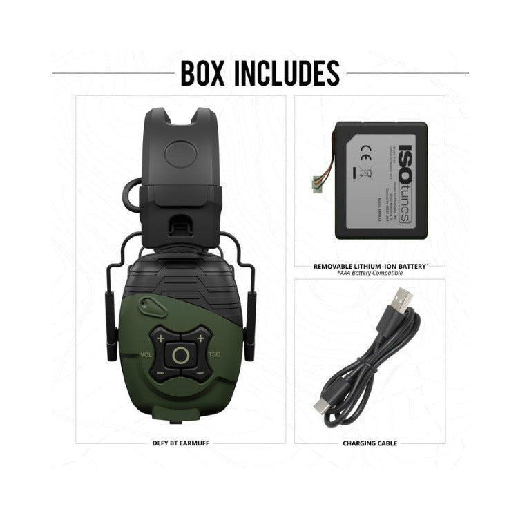 DEFY Tactical Earmuffs with Bluetooth, 25 NRR, OD Green
