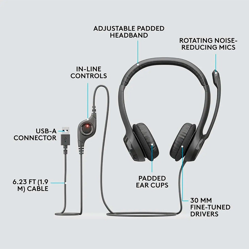 Logitech H390 USB Computer Headset with Noise-Canceling Microphone and Adjustable Headband (Black)