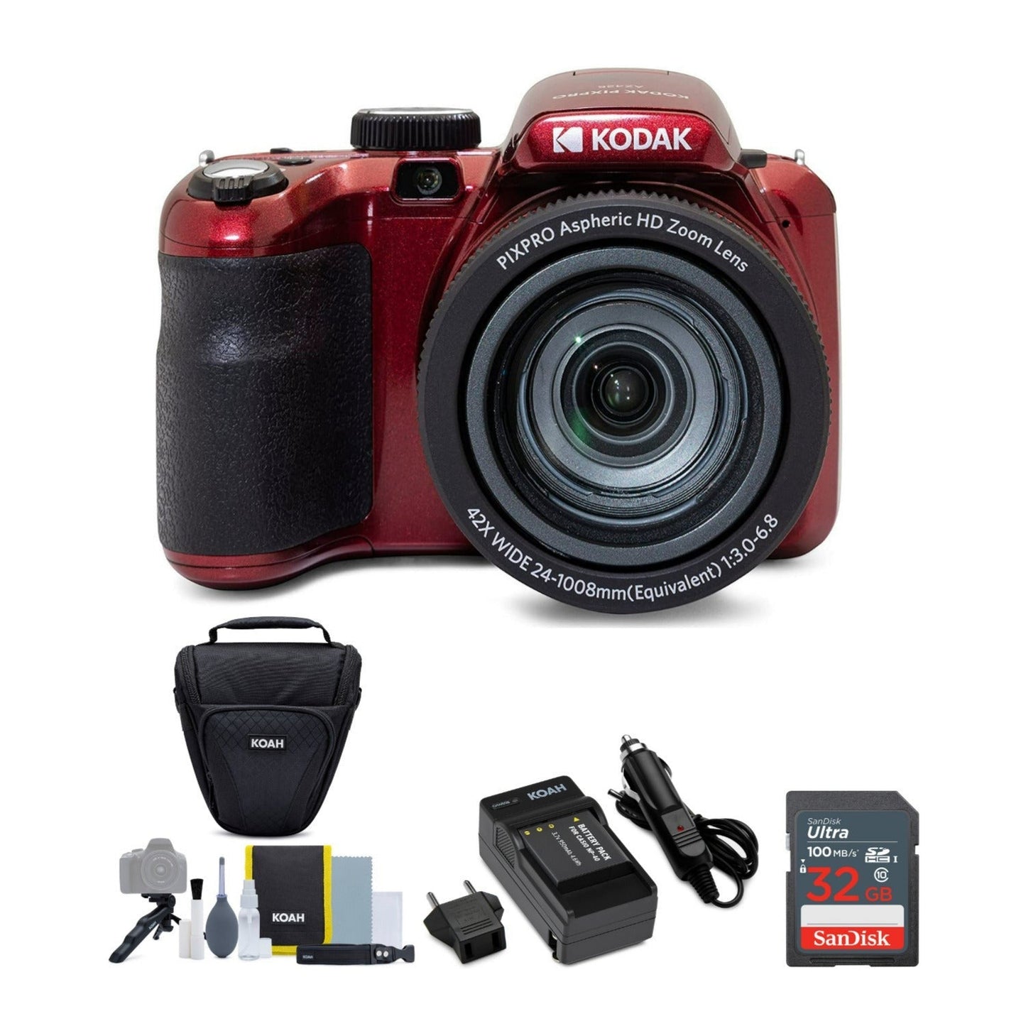 Kodak PIXPRO AZ425 Astro Zoom Camera (Red) with 32GB Memory Card and Accessory Bundle