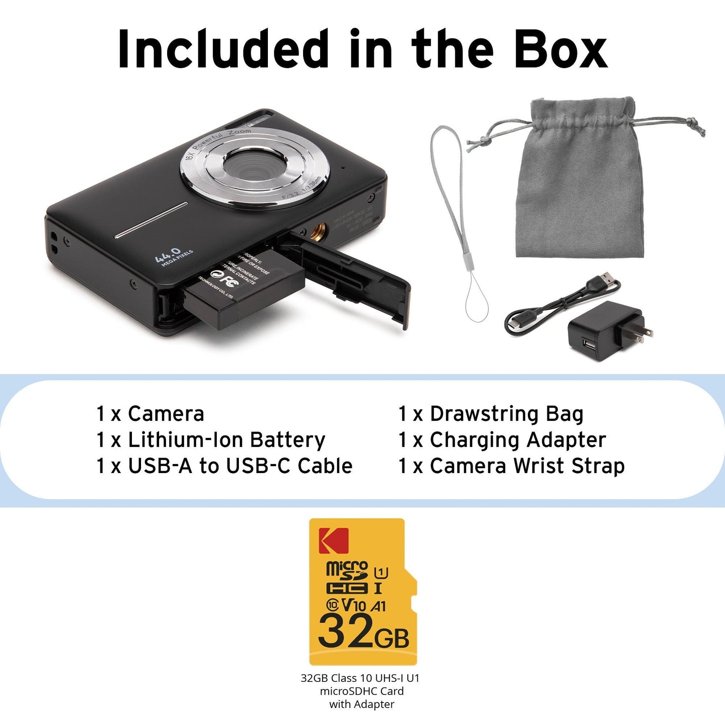 Koah 44MP FHD Point and Shoot Digital Camera with 16X Power Zoom (Black) and 32GB Card Bundle