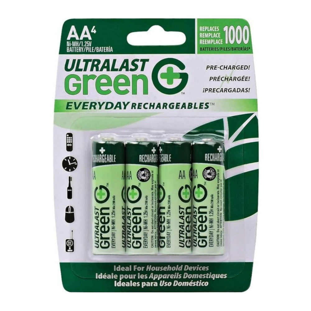 Ultralast Green Everyday Precharged 2100mAh 1.2V NiMH Rechargeable AA Battery for Clock (4-Pack)