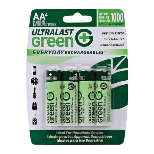 Ultralast Green Everyday Precharged 2100mAh 1.2V NiMH Rechargeable AA Battery for Clock (4-Pack)