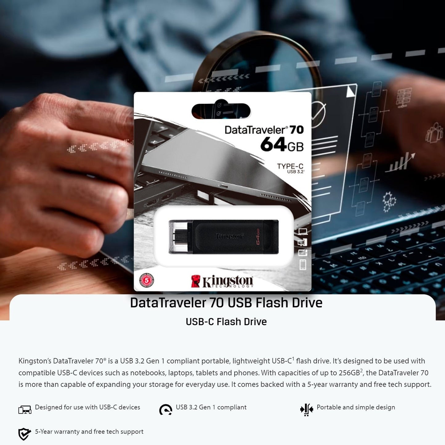 Kingston DataTraveler 70 USB 3.2 Flash Drive with Lightweight Design (128GB, Black, 20-Pack) Bundle