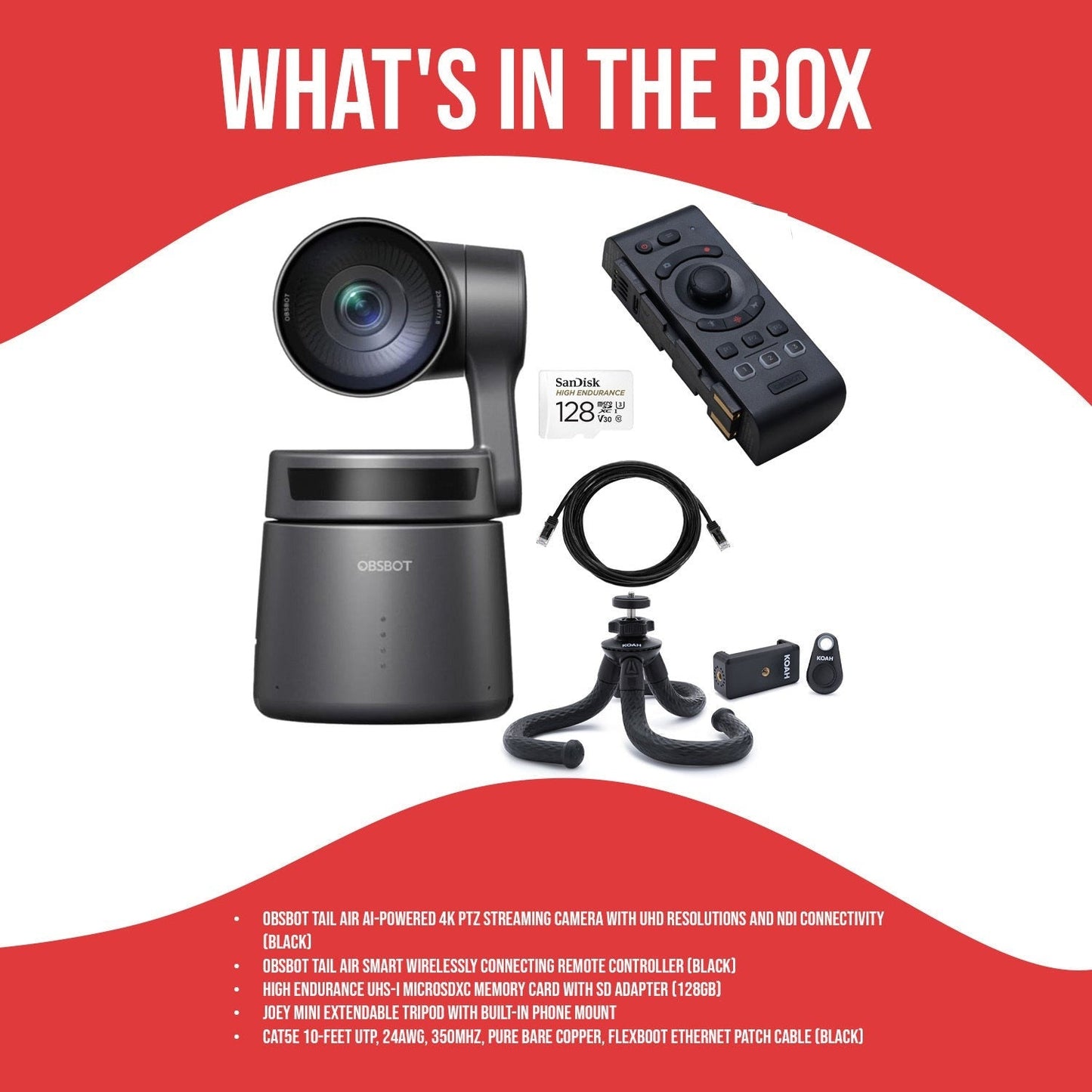 OBSBOT Tail Air AI-Powered 4K PTZ Streaming Camera (Black) with Smart Remote Controller Bundle