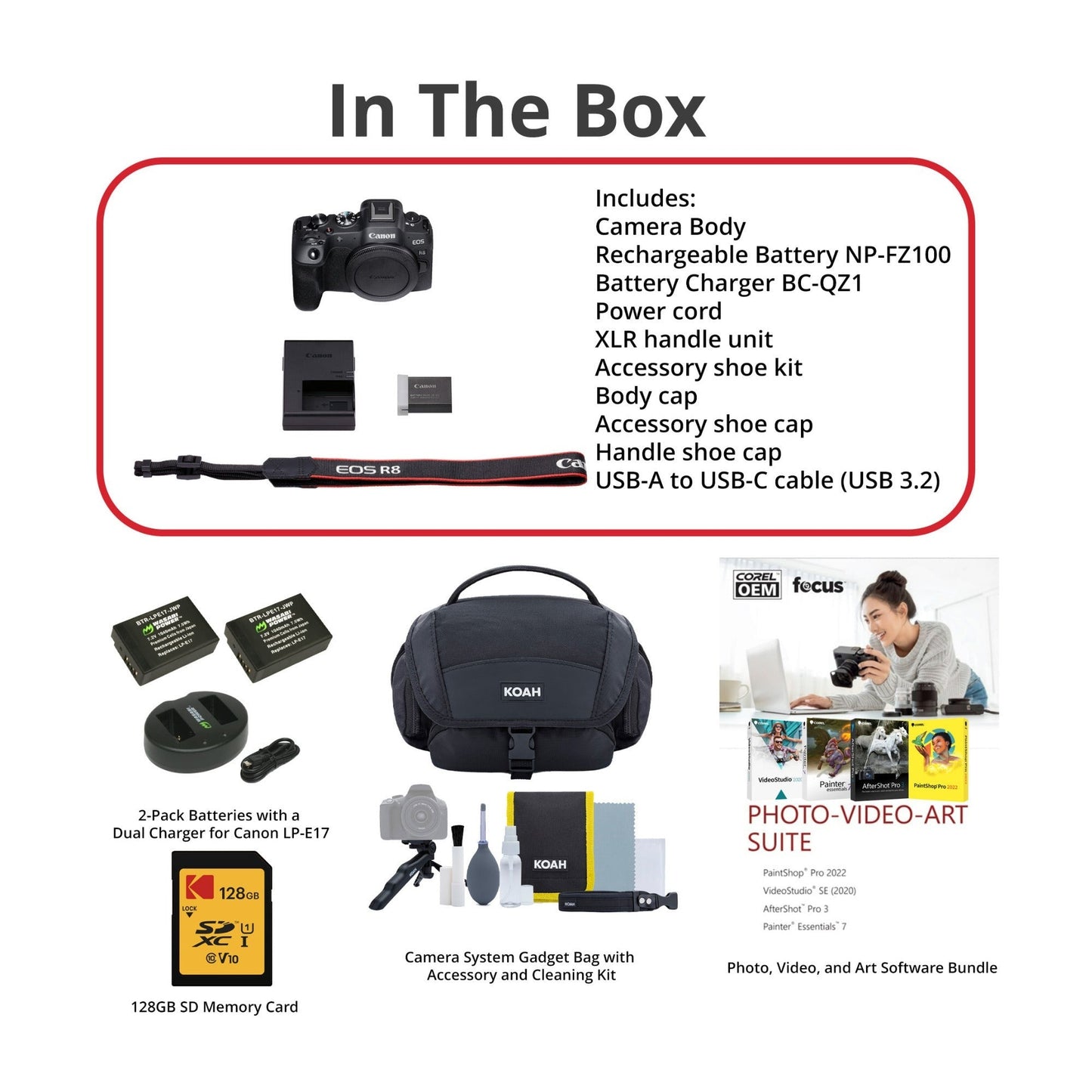 Canon EOS R8 Mirrorless Camera with 128GB SD Card and Software Suite Bundle