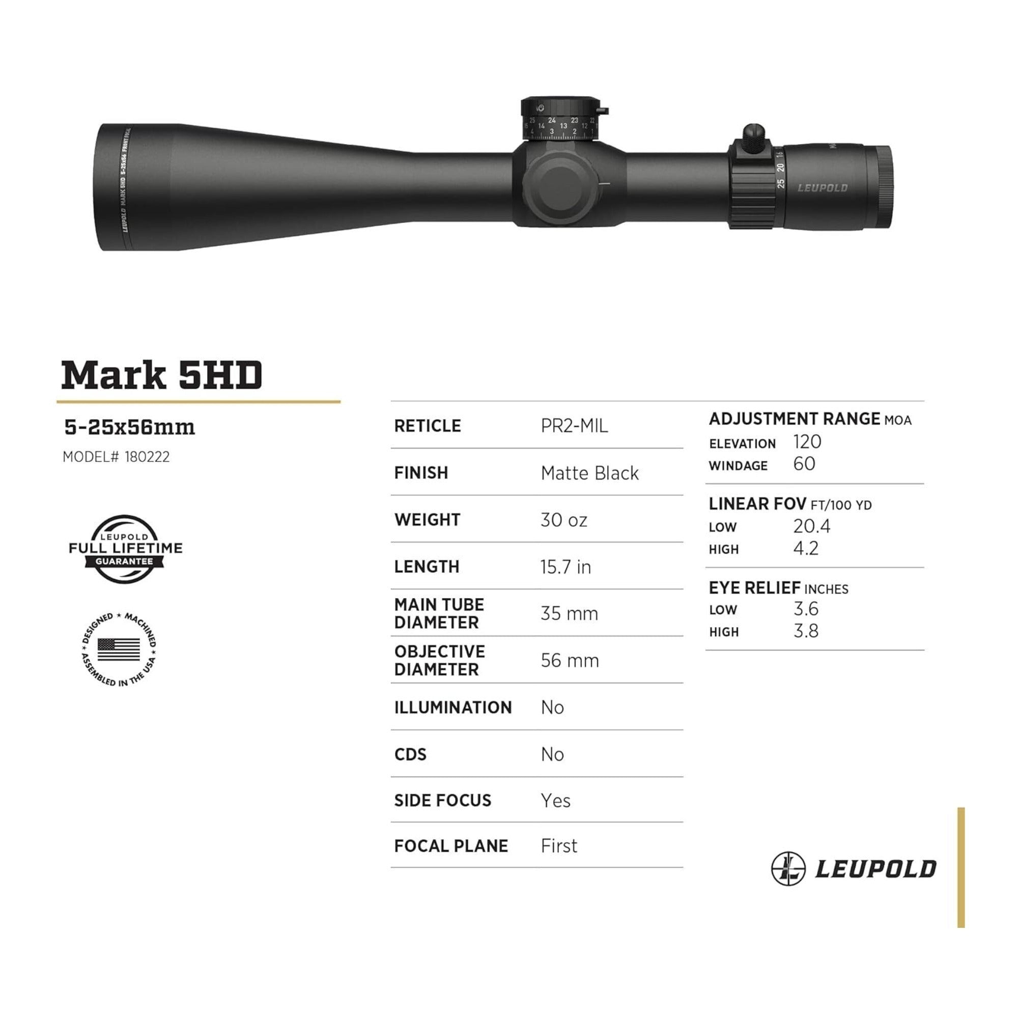 Leupold Mark 5HD 5-25x56mm Side Focus Riflescope (Matte Black)