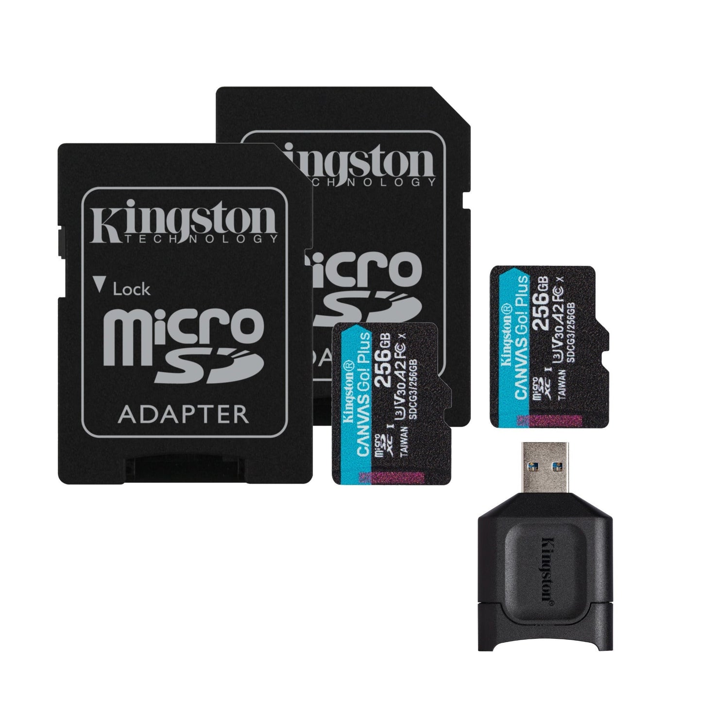 Kingston 256GB MicroSDXC Canvas Go Plus Memory Card (2-Pack) Bundle with USB 3.2 SD Card Reader