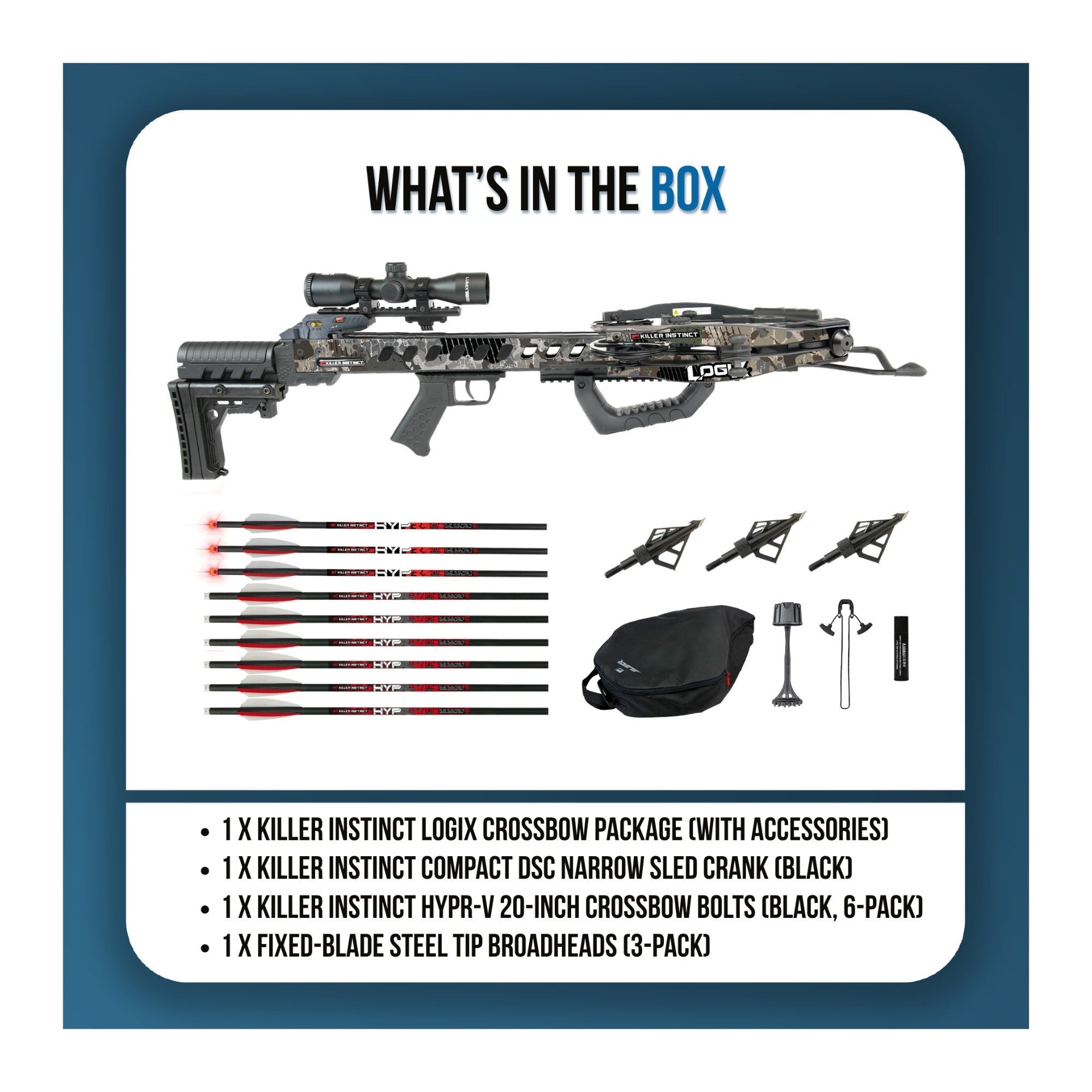 Killer Instinct LogiX DC 435 FPS Crossbow Package Bundle with Compact Crank, Bolts, and Broadheads