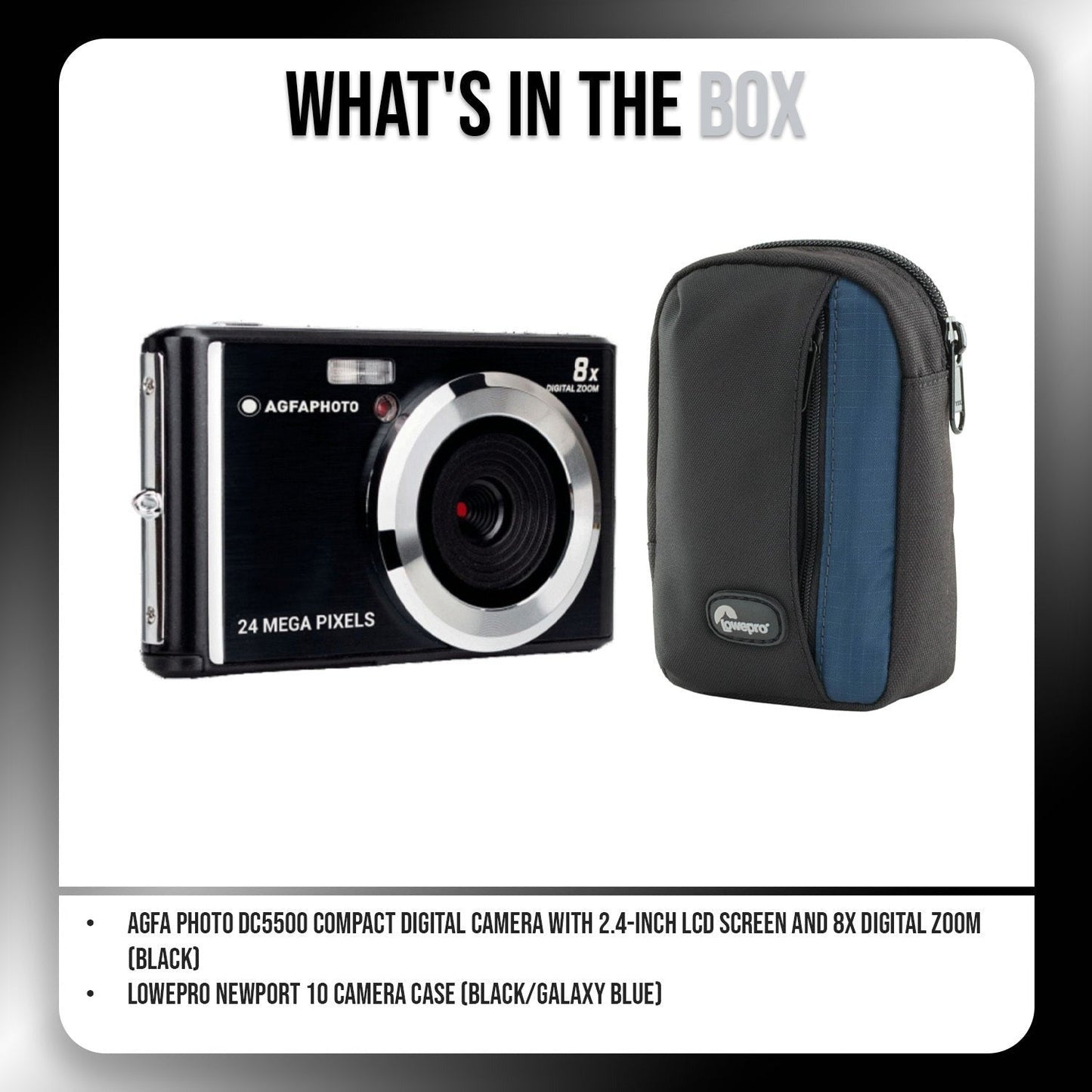 Agfa Photo DC5500 Compact Digital Camera (Black) with Camera Case (Black and Galaxy Blue) Bundle