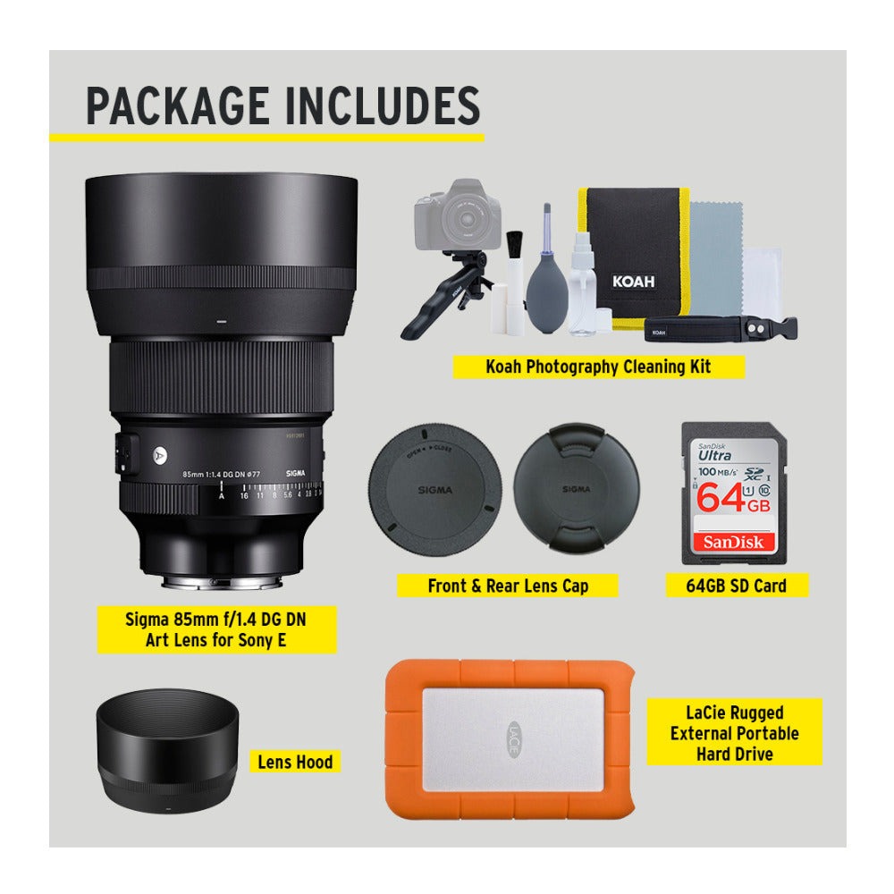 Sigma 85mm f/1.4 DG DN Art Lens for Sony E with LaCie 1TB HDD Bundle
