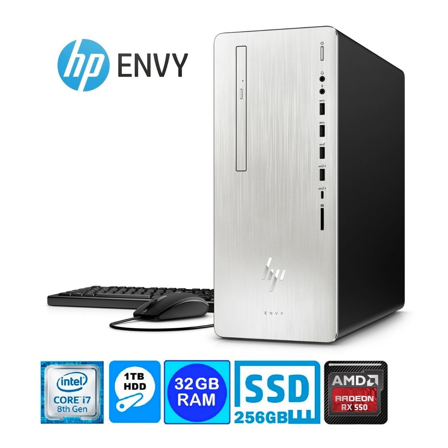 HP Envy 795 Desktop PC, Intel Core i7-8700, 32GB RAM, 1TB HDD + 256GB SSD, AMD Radeon RX 550 4GB (Certified Refurbished)