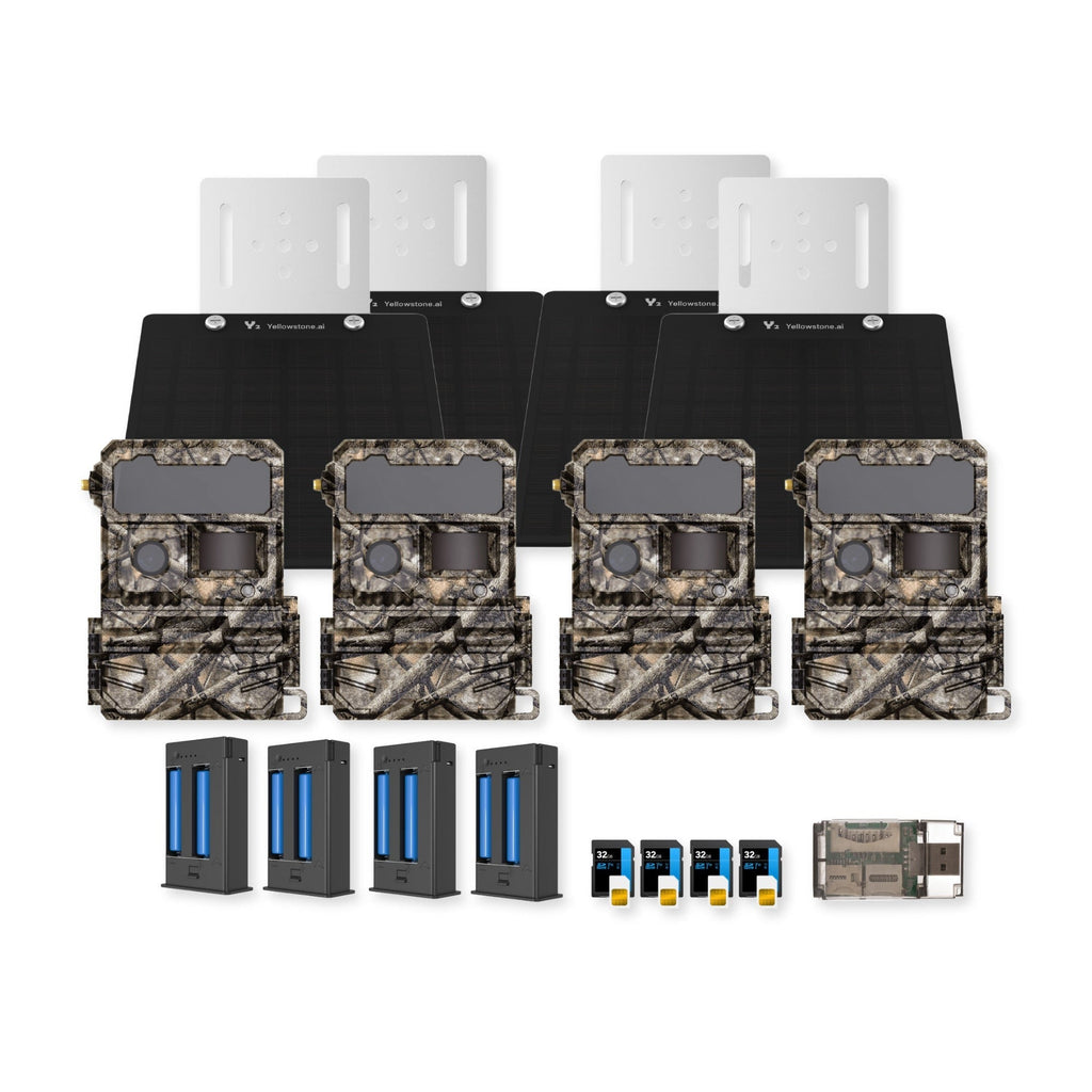 Yellowstone Y2 Trail Camera Bundle with Battery, Solar Panel, Card Reader, and Accessories (4-Pack)