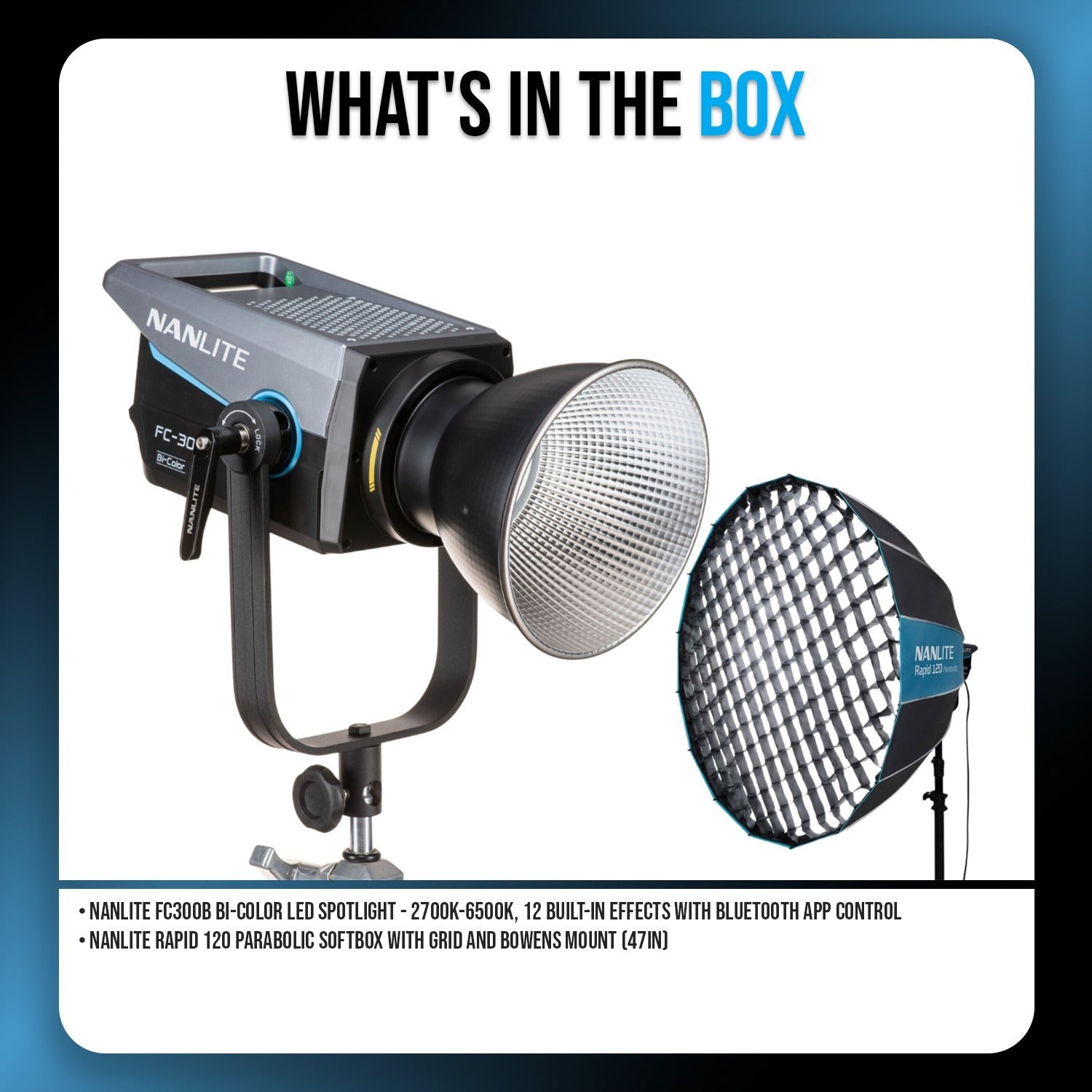 Nanlite FC300B Bi-Color LED Spotlight Bundle with Rapid 120 Parabolic Softbox