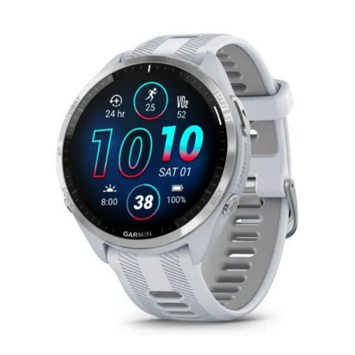 Garmin Forerunner 965 GPS Running Smartwatch (White) with Charger Stand and Port Protection Plugs