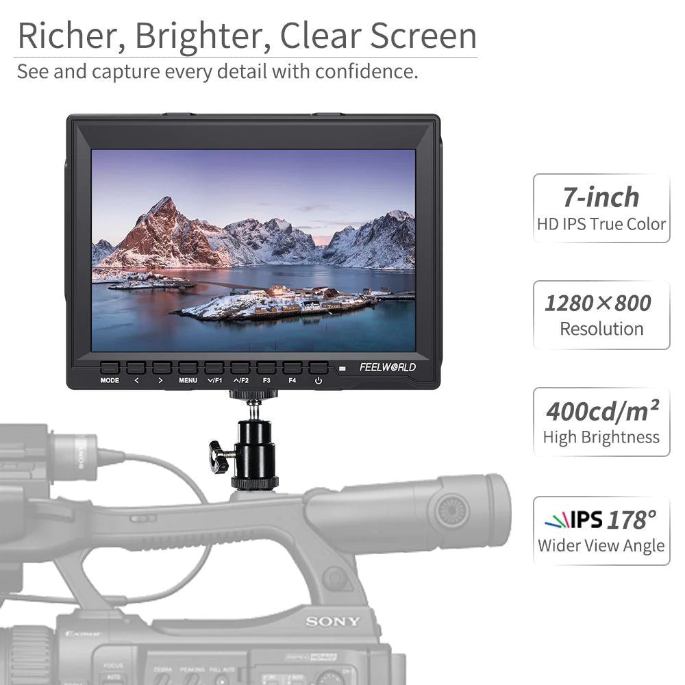 FeelWorld FW759 7" IPS On-Camera Monitor Monitor with Cleaning Kit, and HDMI Cable