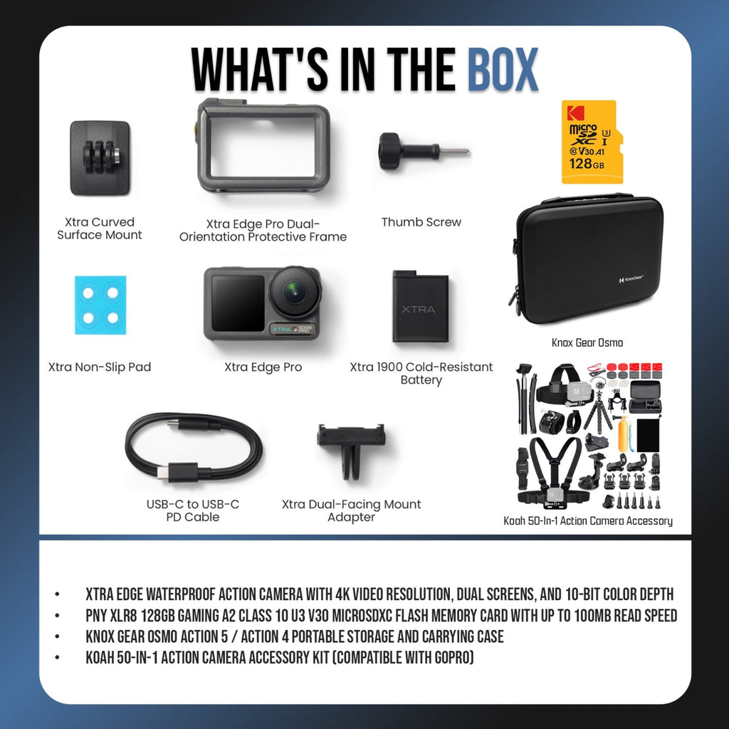 Xtra Edge Action Camera with 128GB MicroSD, Accessory Kit and Case Bundle