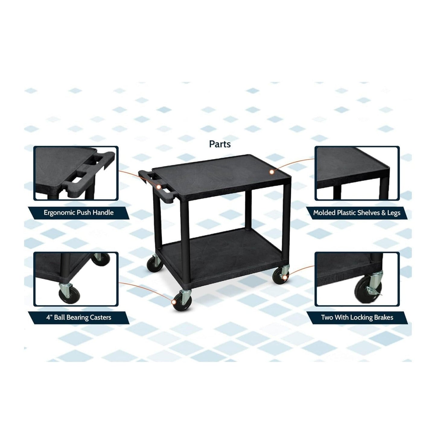 Luxor 26-Inch 2-Shelf Multipurpose AV Cart with Push Handle and 4-Inch Ball Bearing Casters (Black)