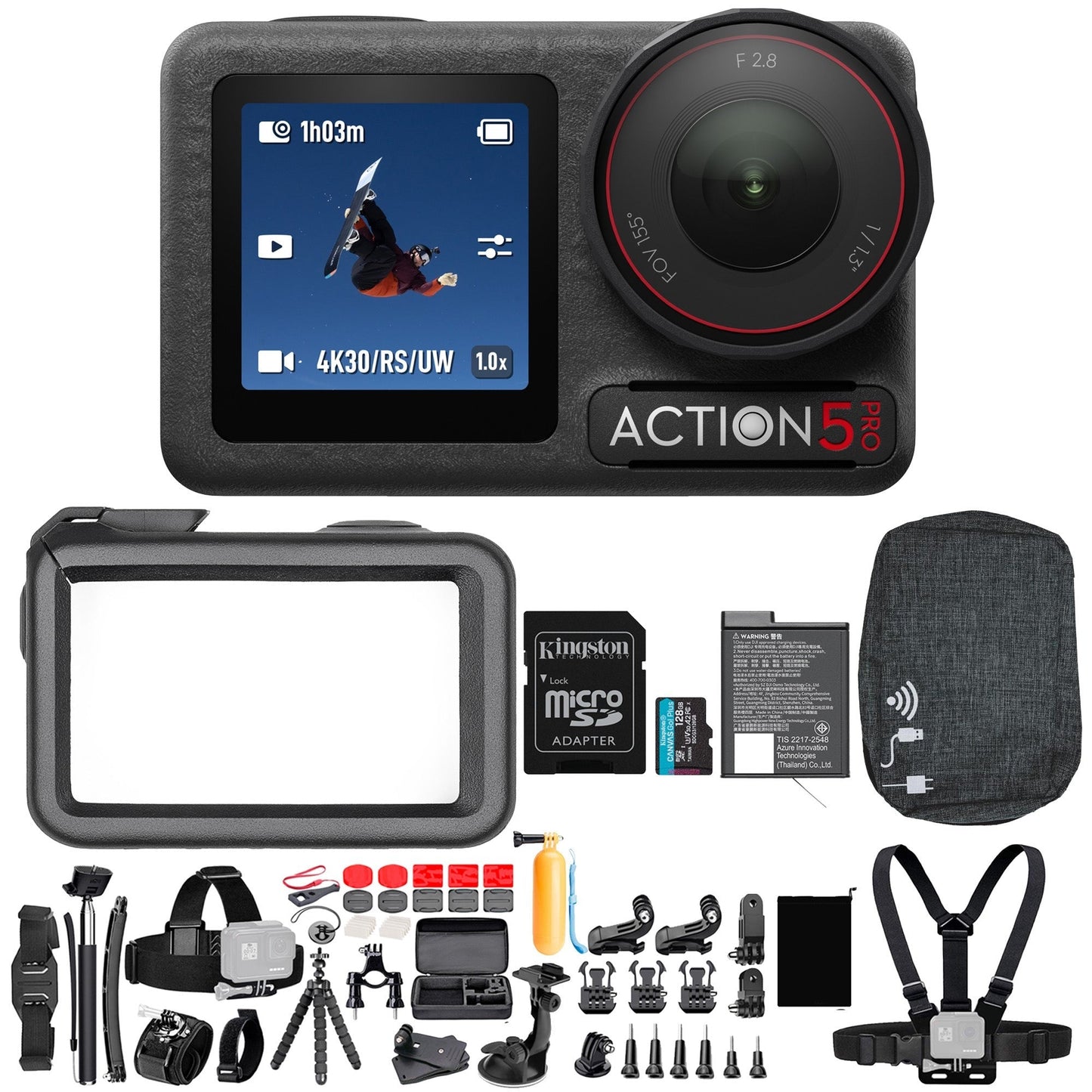 DJI Osmo Action 5 Pro Standard Combo with 50-In-1 Accessory Kit, 128GB SD Card, and Case Bundle