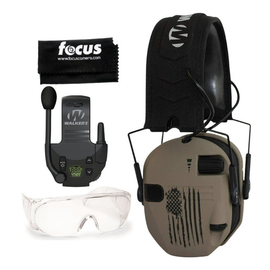 Walker's Razor Digital Ear Muffs (US Flag-FDE) with Walkie/Talkie Bundle