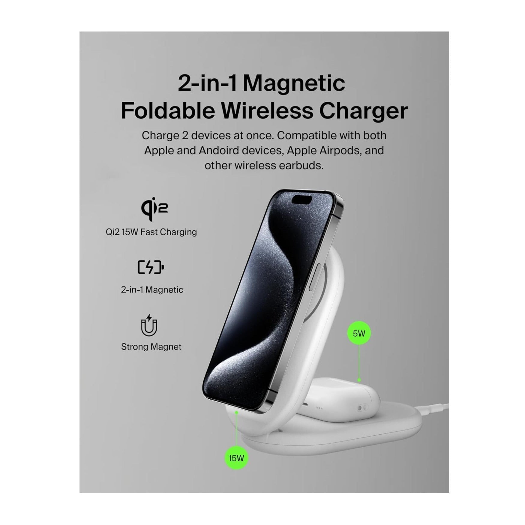 Belkin BoostCharge 15W 2-in-1 Magnetic Foldable Wireless Qi2 Charging Stand (Pink)