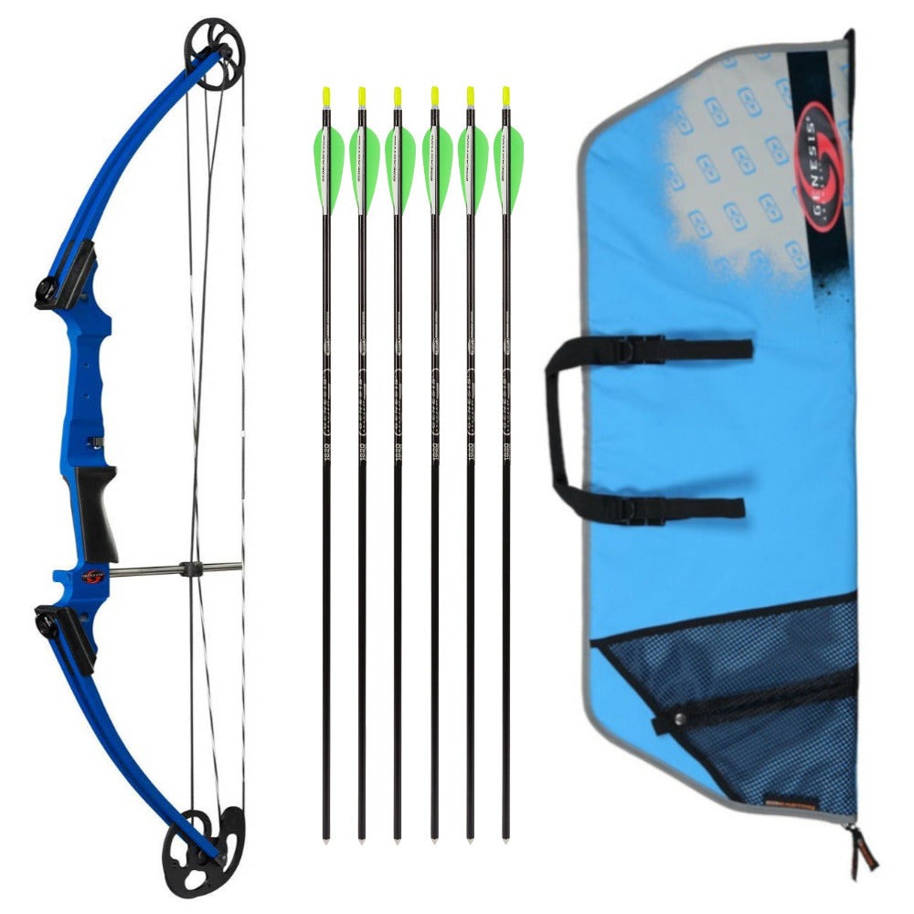 Genesis Archery Original Compound Bow (Right Hand, Blue) with Arrows and Case