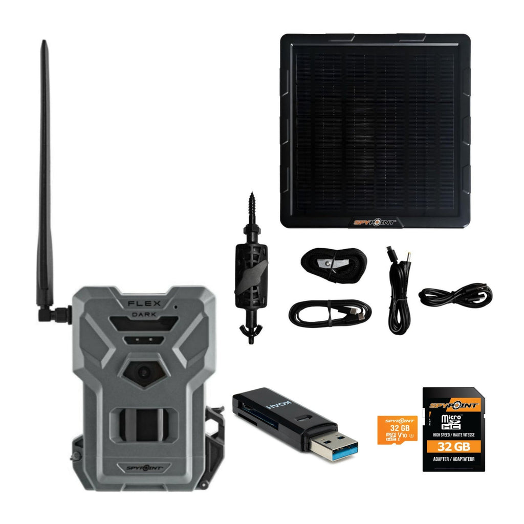Spypoint Flex Dark GPS Cellular Trail Camera with Solar Panel and Accessories