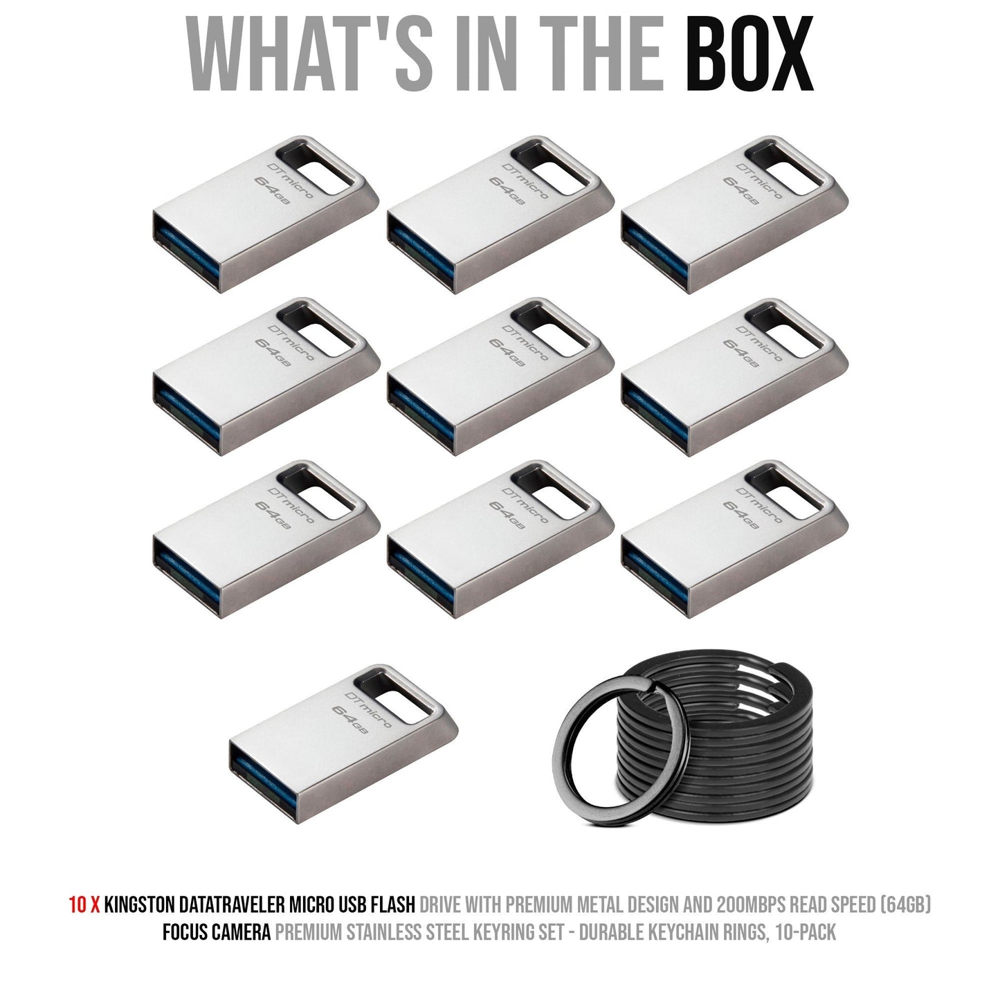 Kingston 64GB DataTraveler Micro USB Metal Flash Drive (10-Pack) and Keyrings (10-Pack) Bundle
