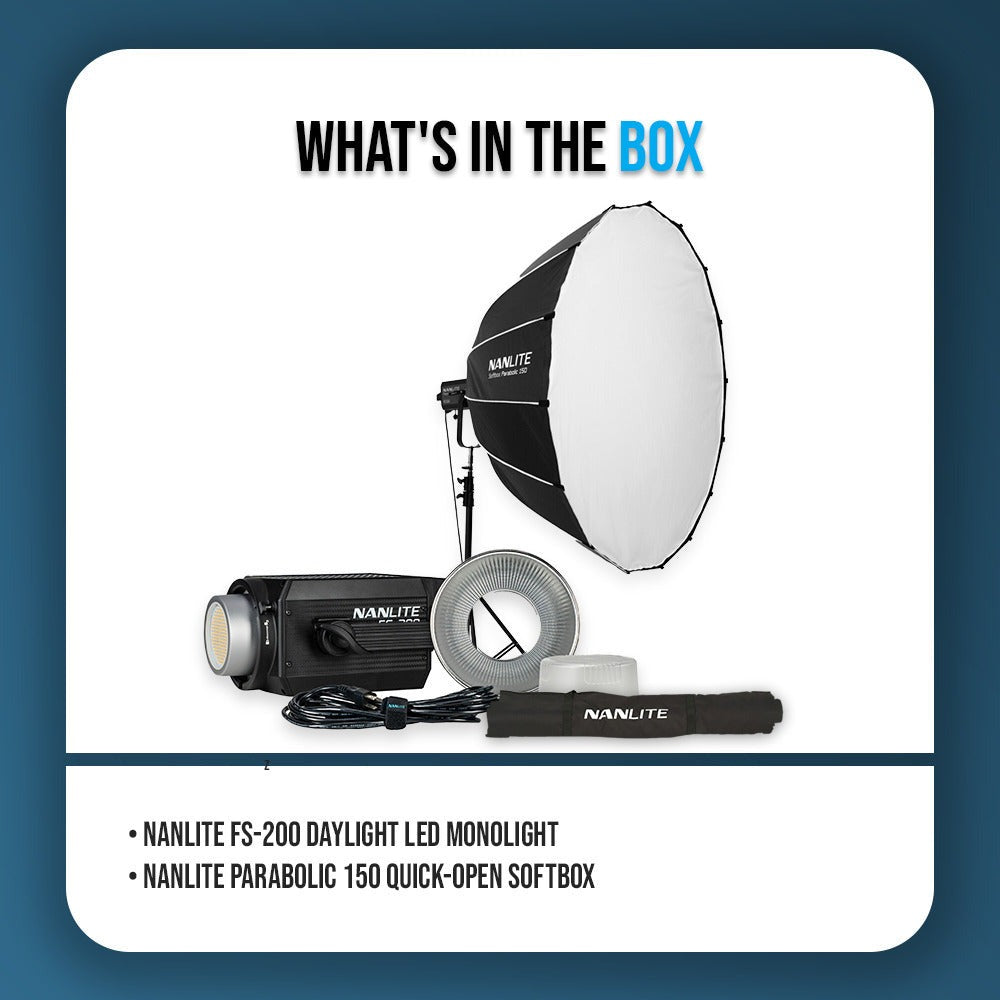 Nanlite FS-200 Daylight LED Monolight Bundle with Parabolic 150 Softbox