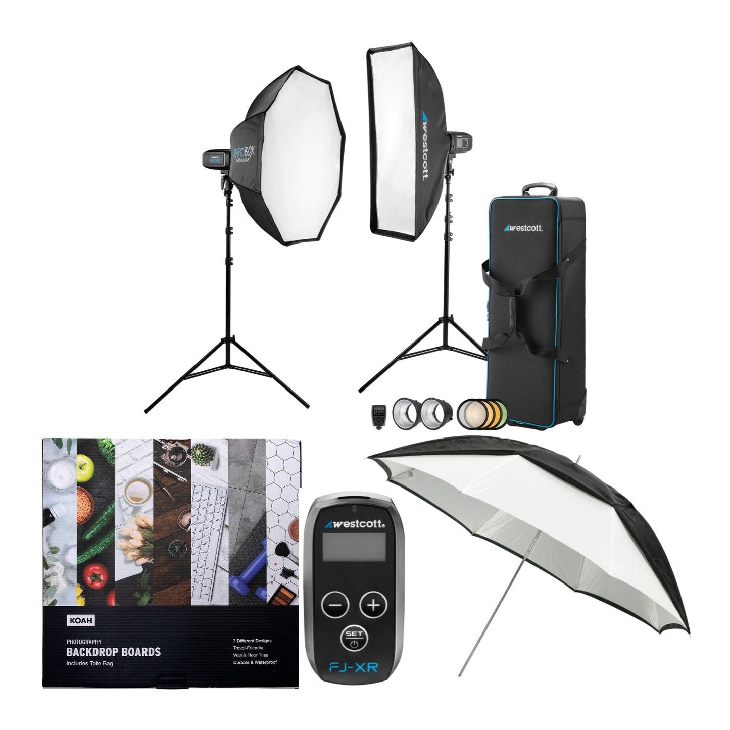 Westcott FJ400 Strobe 2-Light Location Kit and FJ-X3M Wireless Trigger with Backdrop Boards Bundle
