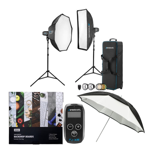 Westcott FJ400 Strobe 2-Light Location Kit and FJ-X3M Wireless Trigger with Backdrop Boards Bundle
