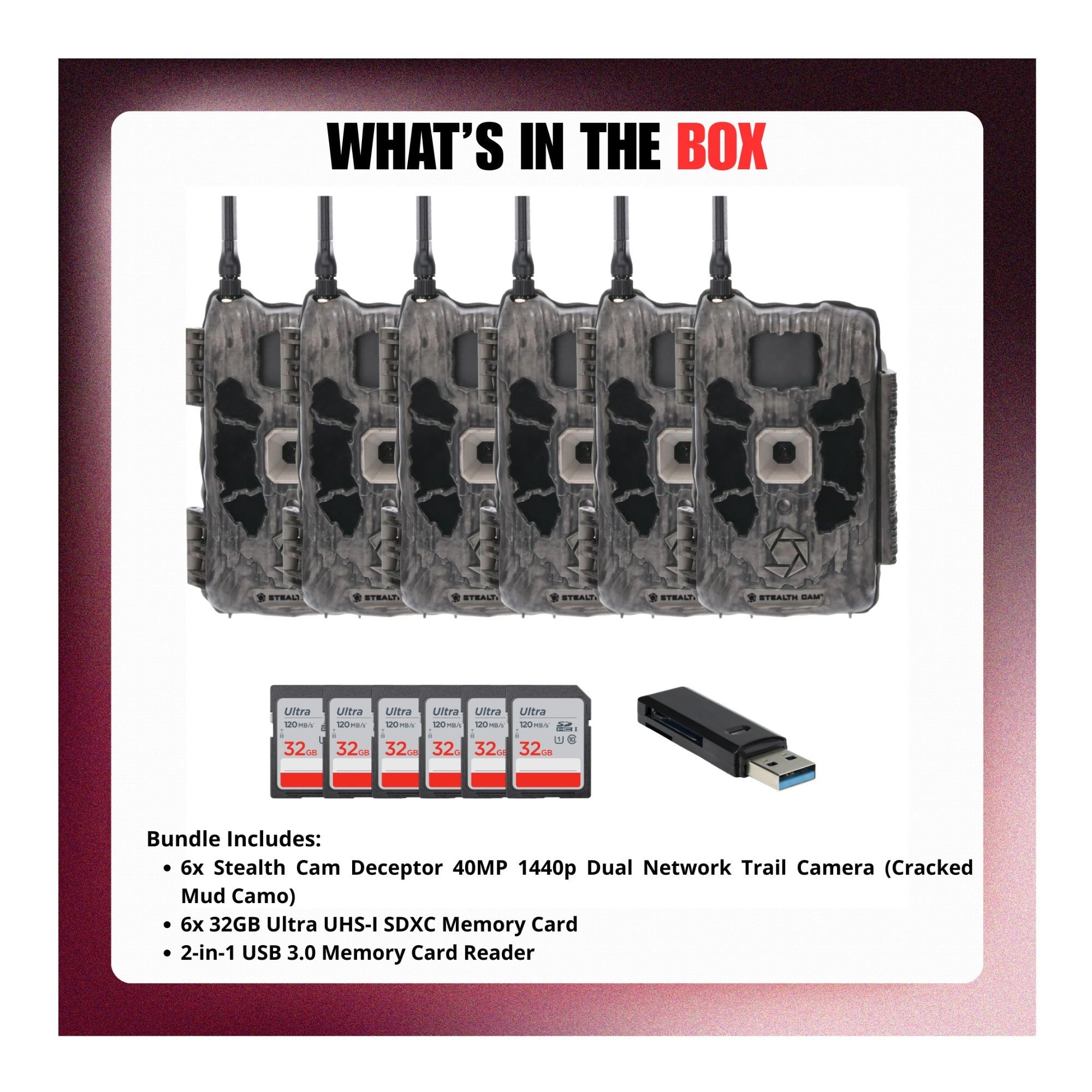 Stealth Cam Deceptor Dual Network Trail Camera (6 Pack) Bundle with Accessories