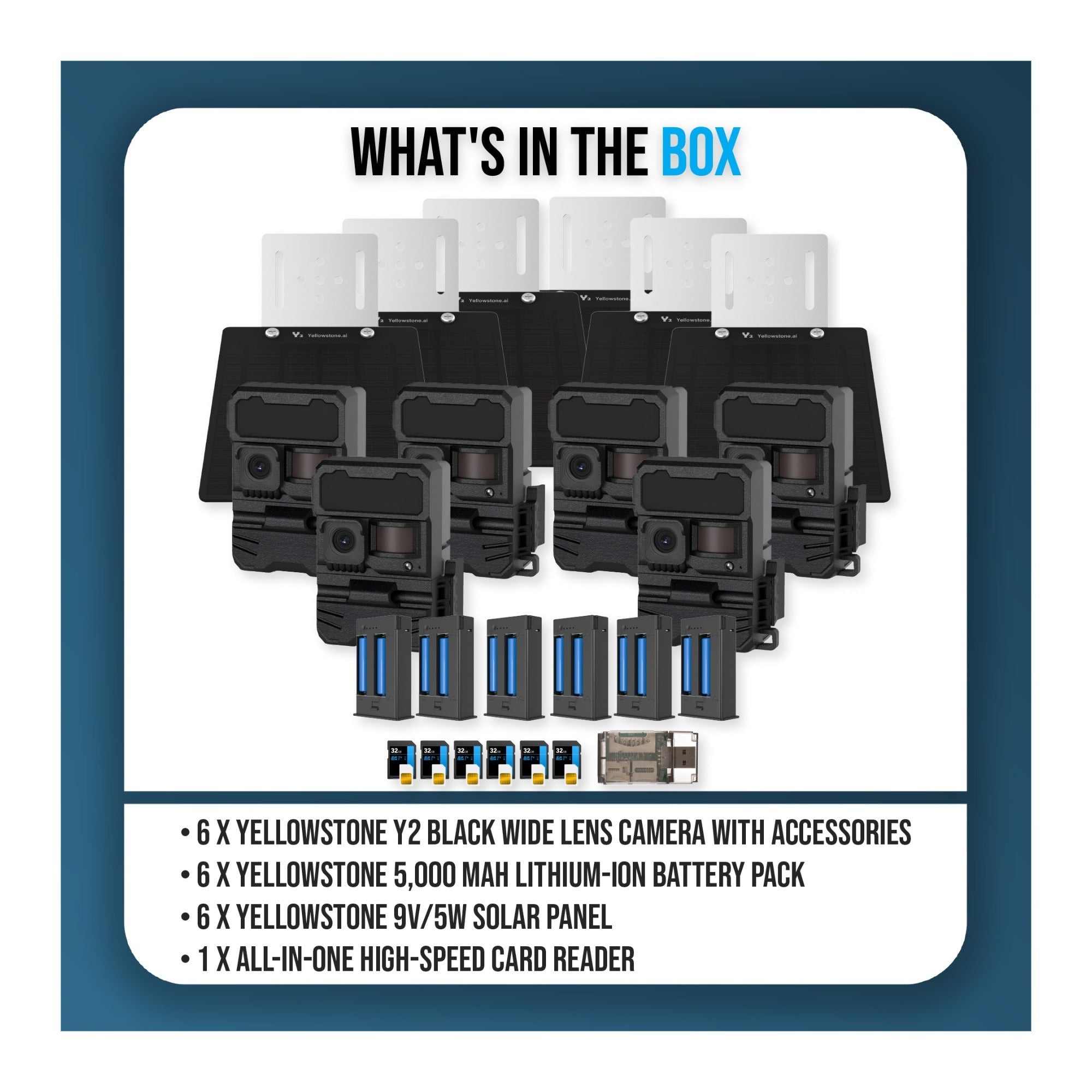 Yellowstone Y2 Black Wide Lens Bundle with Batteries, Solar Panels, and Accessories (6-Pack)