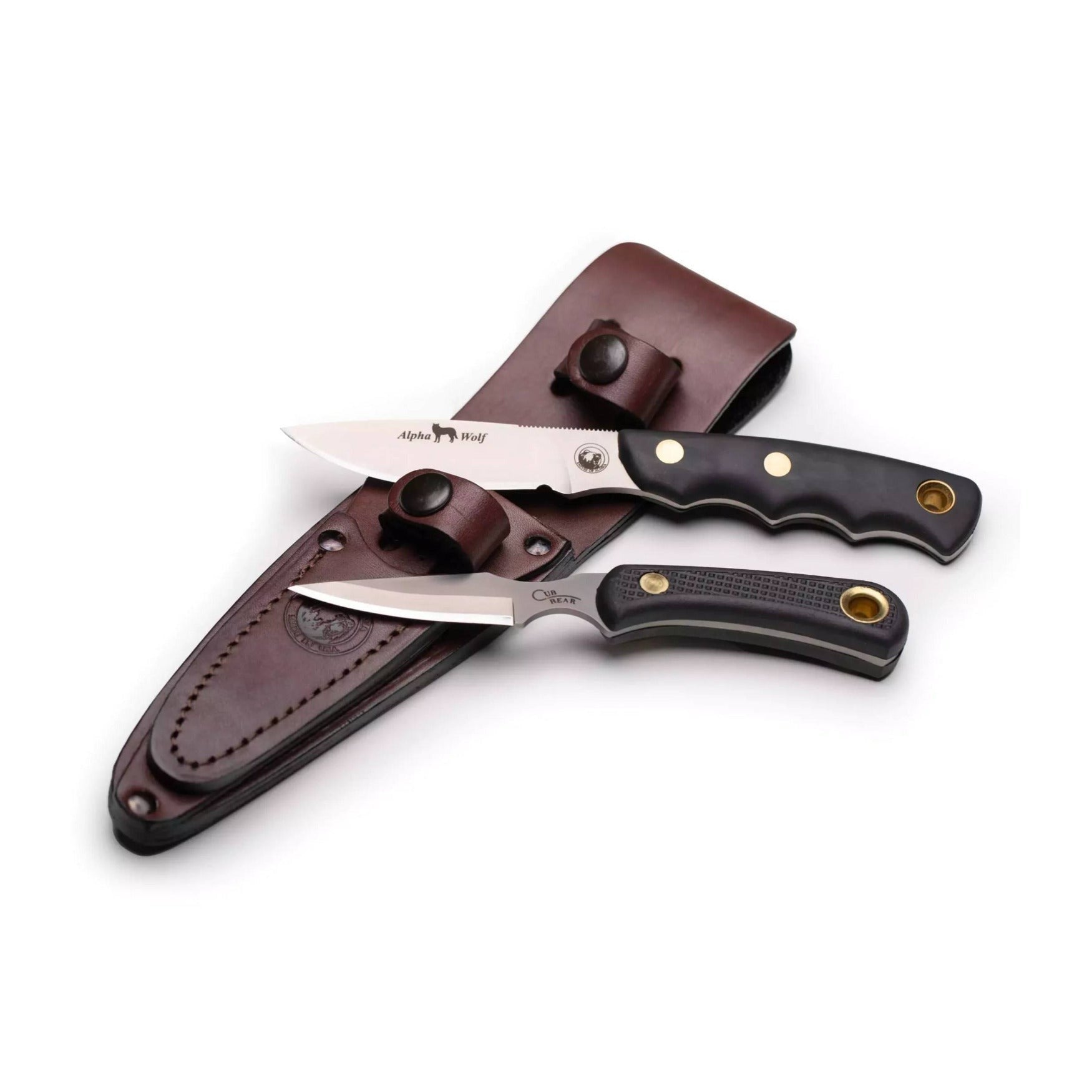 Knives of Alaska Alpha Wolf D2 Skinning and Cub Bear Caping Knife Suregrip Combo