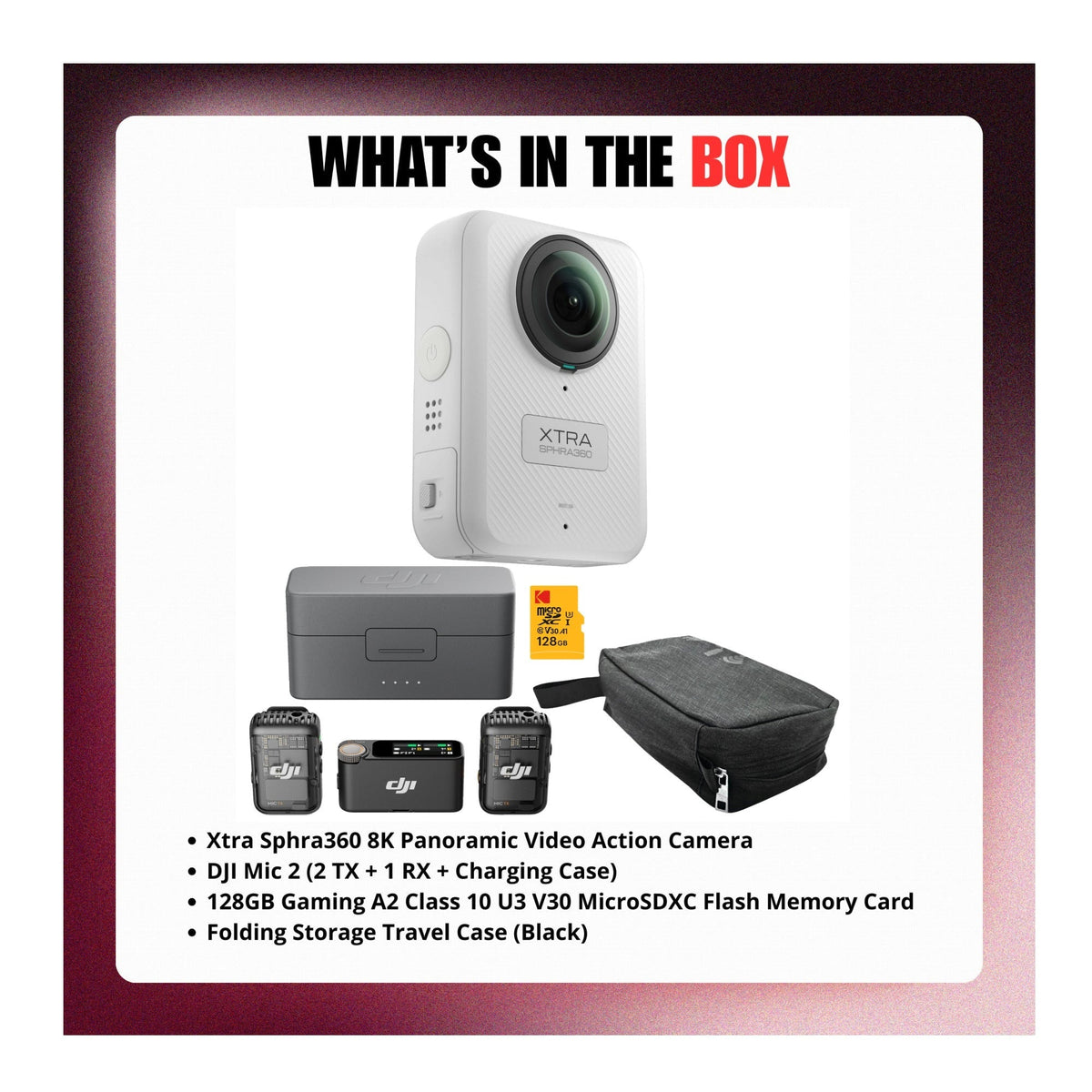 Xtra Sphra360 8K Video Action Camera with Wireless Microphone and Accessories