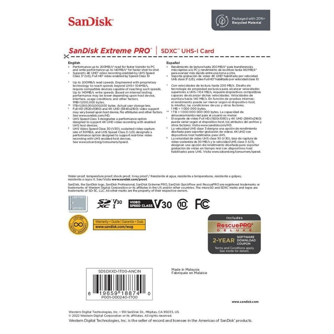 SanDisk Extreme Pro SDXC UHS-I Memory Card with 200MBPS Read Speed 140MBPS Write Speed (1TB, Black)