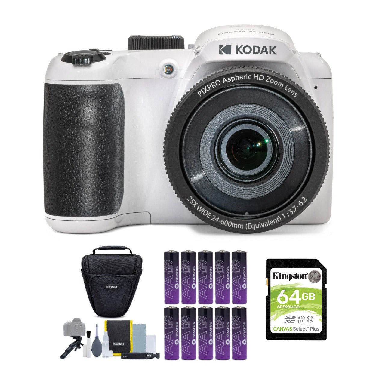 Kodak PIXPRO AZ255 Astro Zoom 16MP Digital Camera (White) with 64GB Memory Card and Accessory Bundle