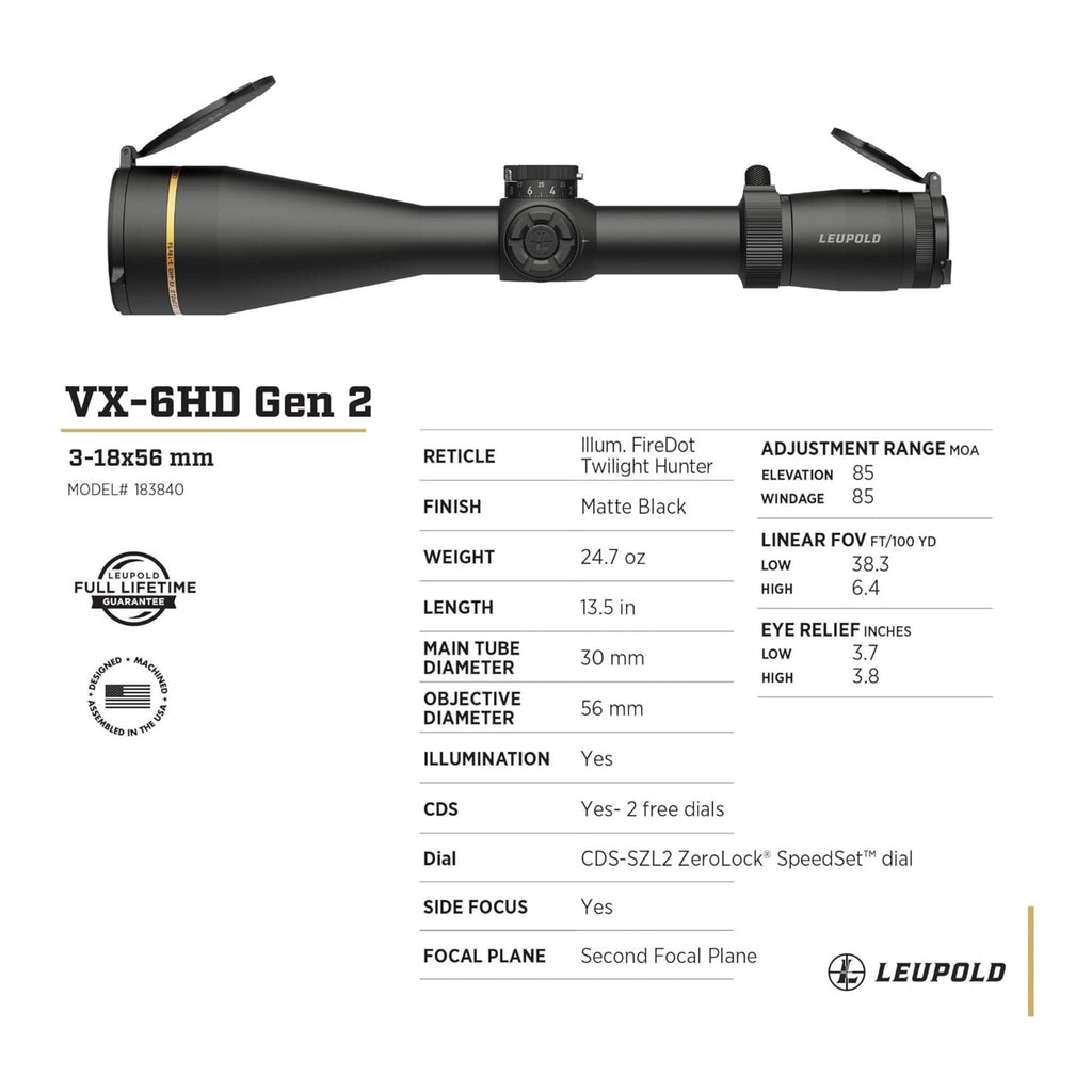 Leupold VX-6HD Gen 2 3-18x56mm CDS-SZL2 FDTH Riflescope (30mm, Matte Black)