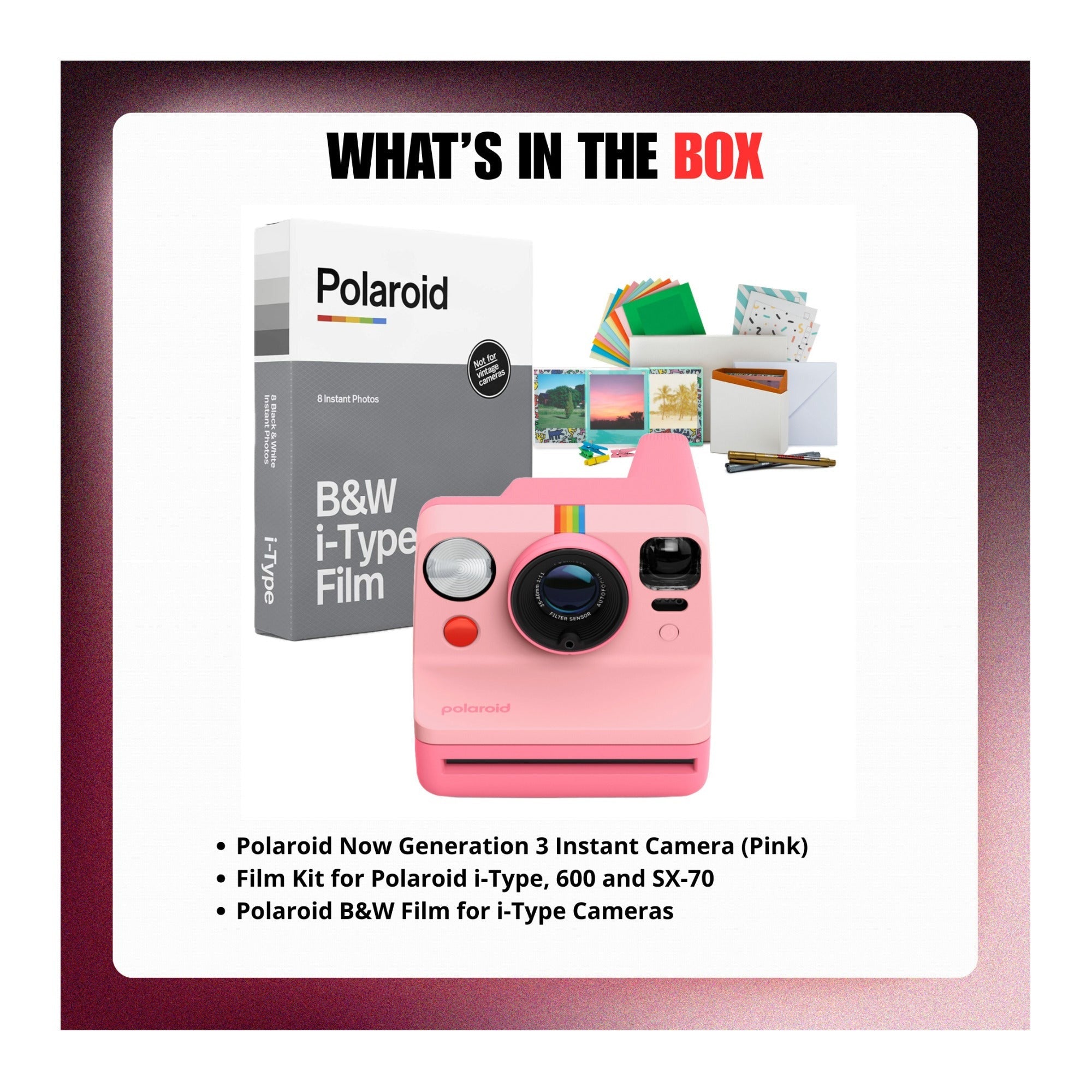 Polaroid Now Generation 3 Instant Camera (Pink) with Film and Accessories Bundle