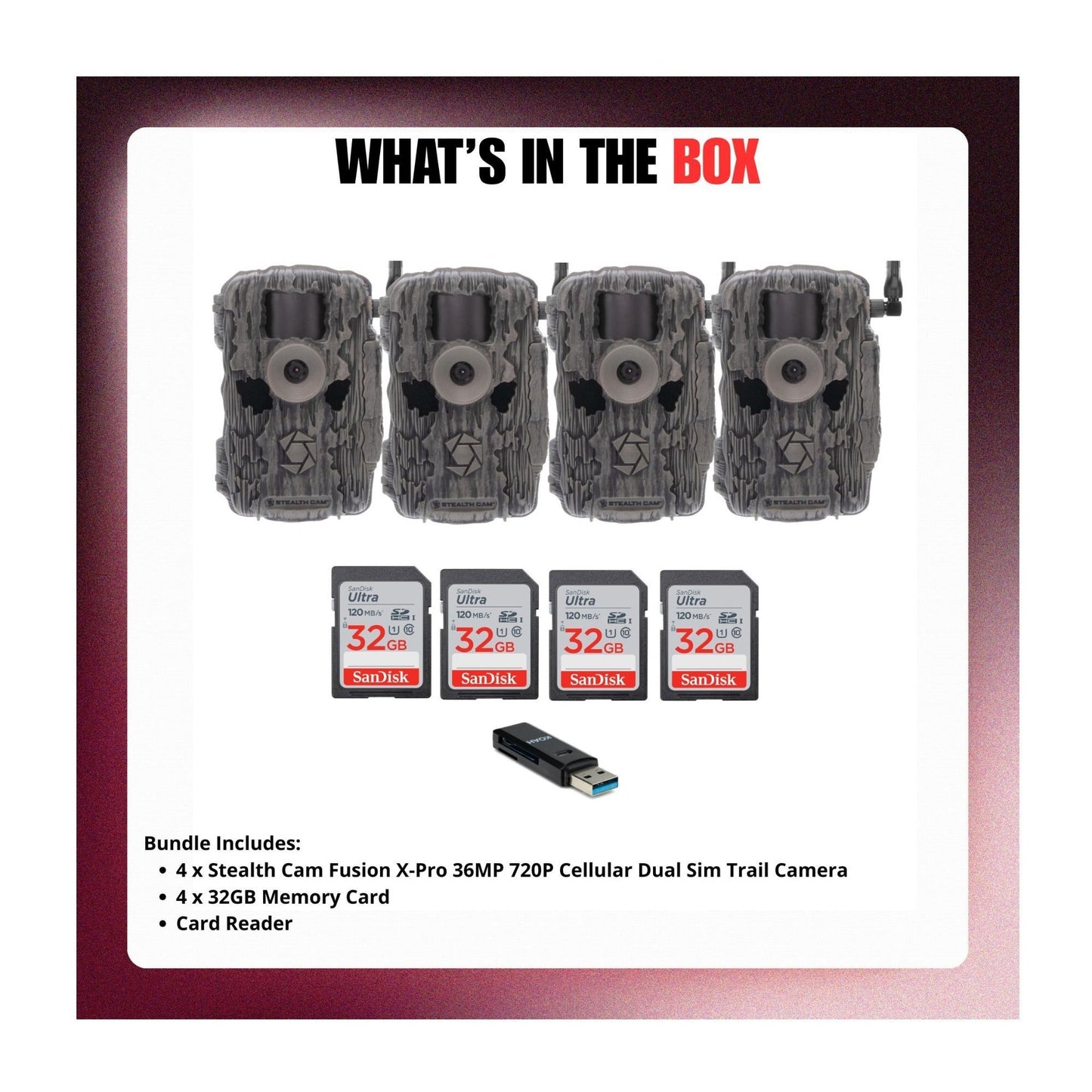 Stealth Cam Fusion X-Pro 36MP 720P Cellular Dual Sim Trail Camera 4-Pack Bundle