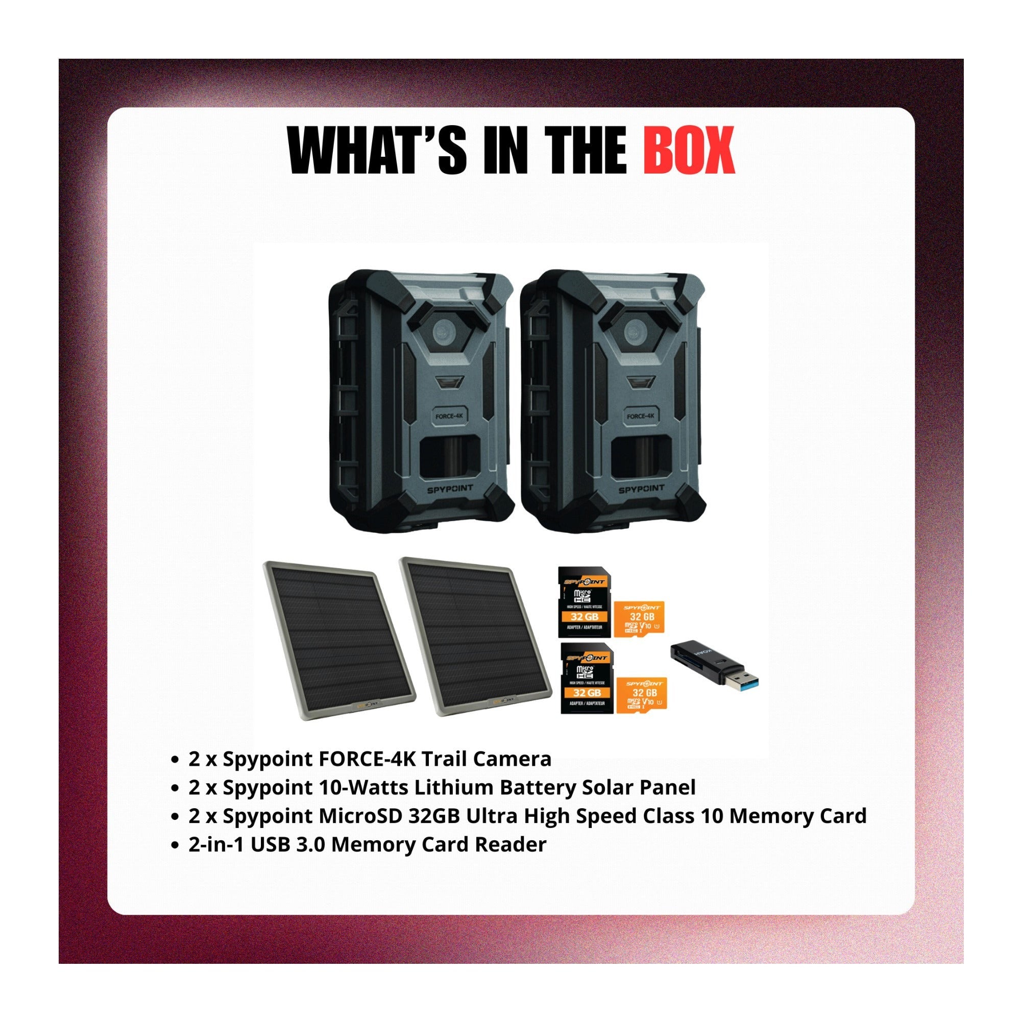 Spypoint FORCE-4K Trail Camera with 10W Solar Panel and Accessories Bundle