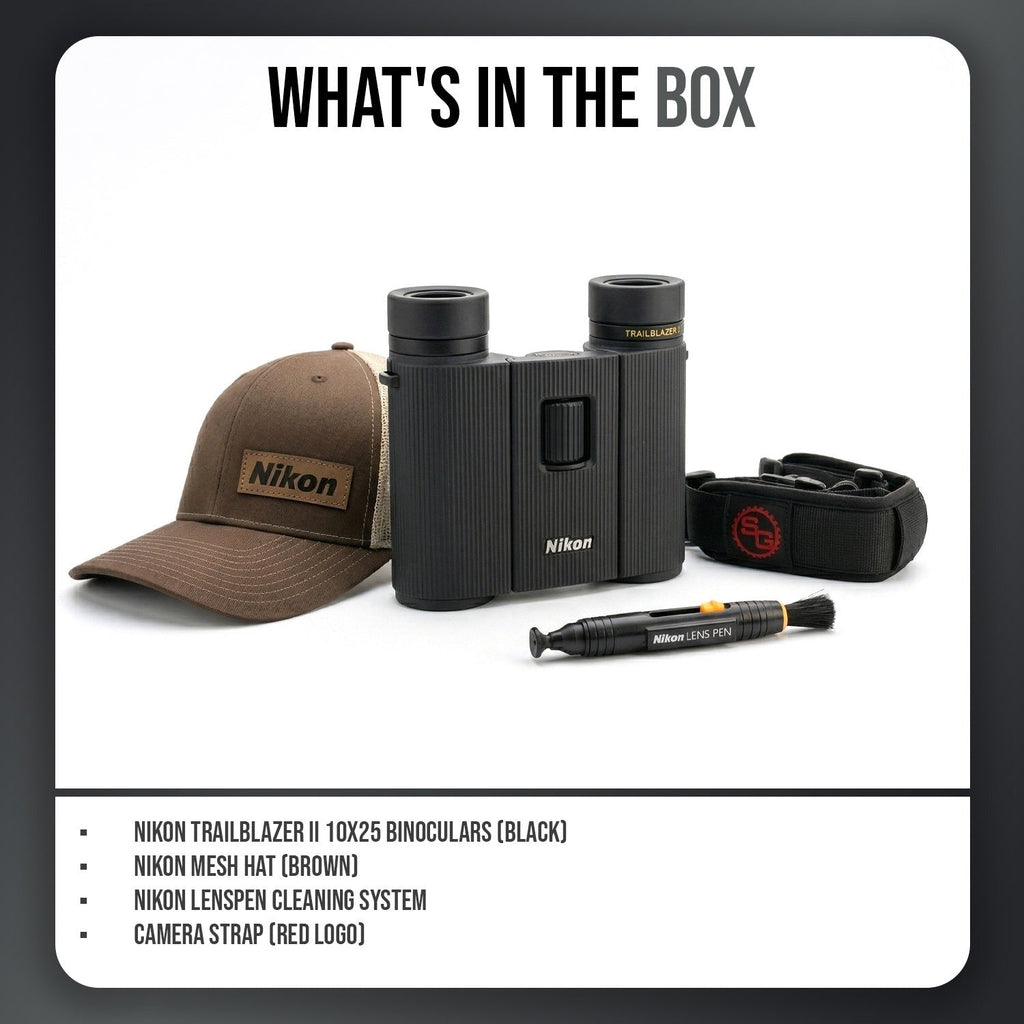 Nikon Trailblazer II 10x25 Compact Binoculars (Black) with Accessories Bundle