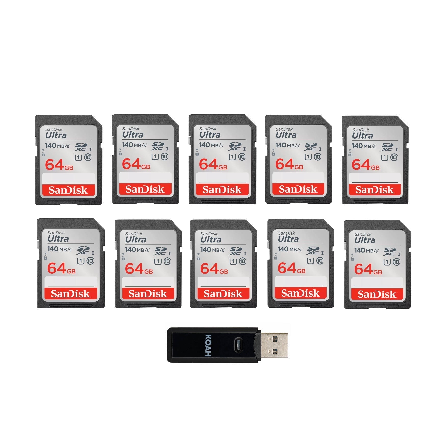SanDisk 64GB Ultra Class 10 UHS-I SDXC Memory Card (10-Pack) with Card Reader