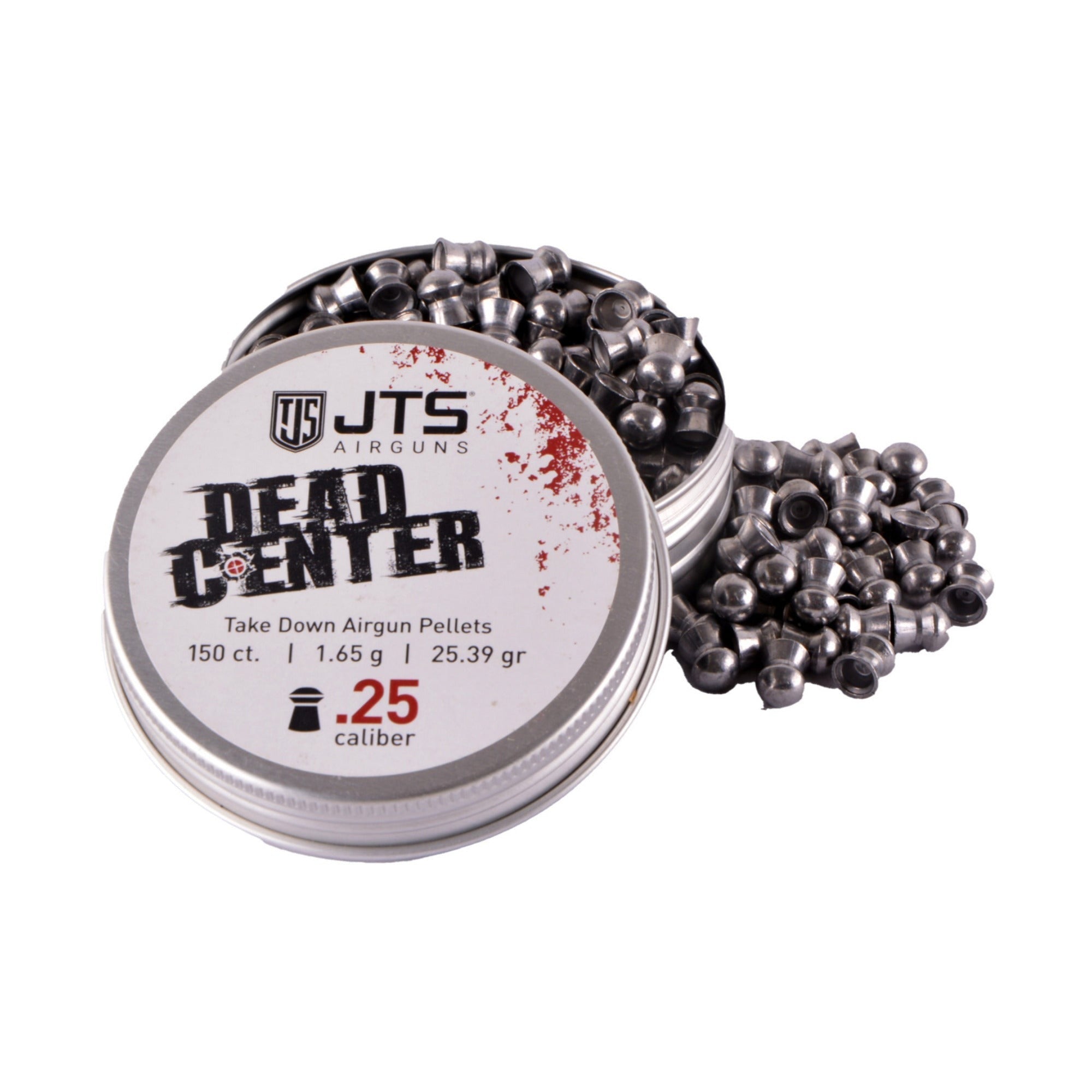 JTS Dead Center Precision .25cal. 1.65g Domed Head Pellets with Screw-on Lid (150-Count Tin)