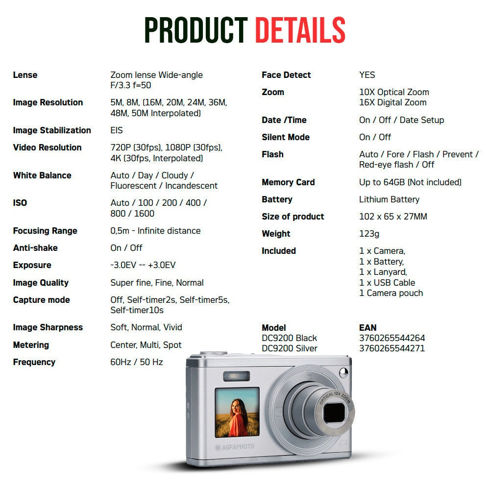 Agfa Photo DC9200 Compact Digital Camera (Gray) with Camera Case (Black and Galaxy Blue) Bundle