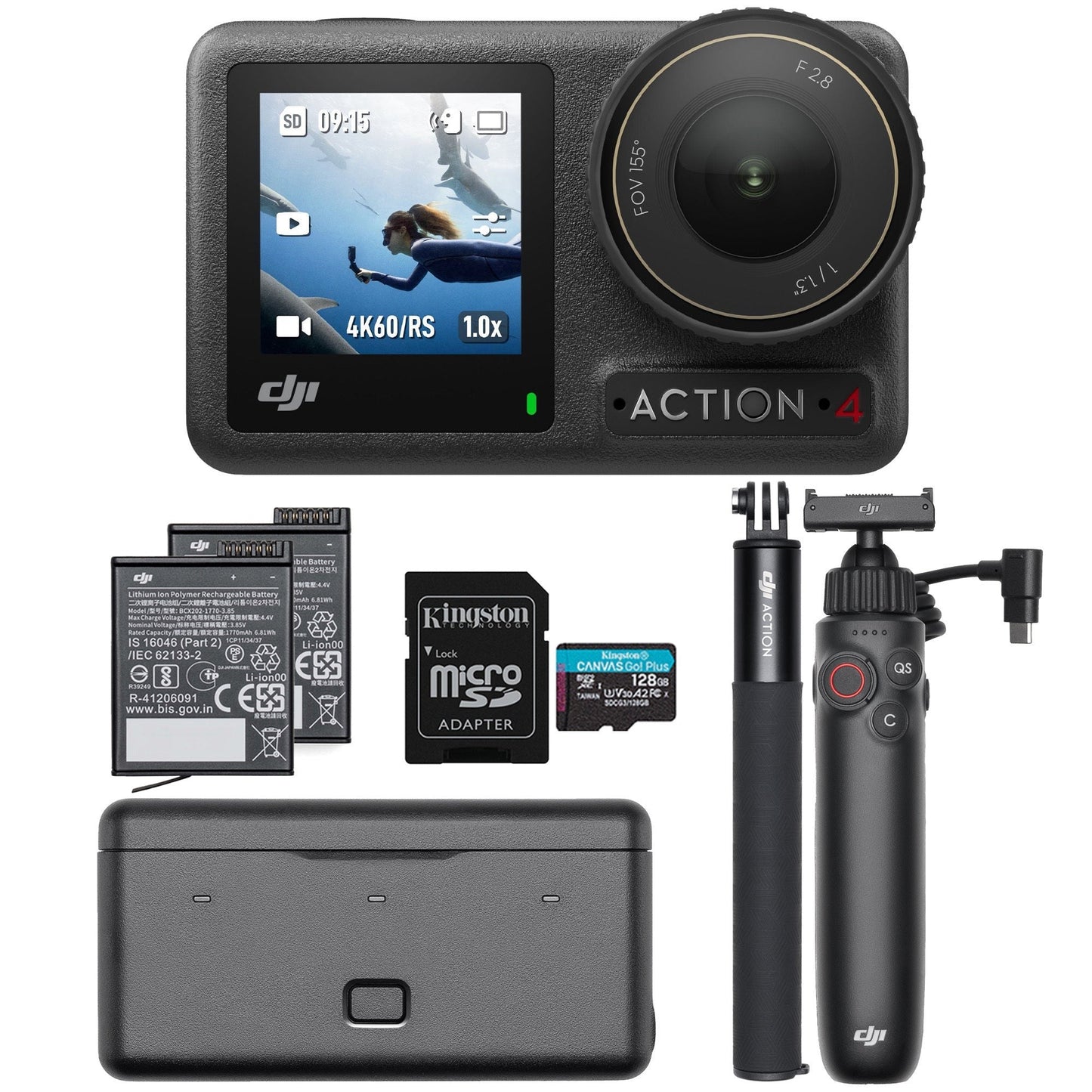DJI Osmo Action 4 Camera Adventure Combo with Charging Handle & 128GB SD Card Bundle