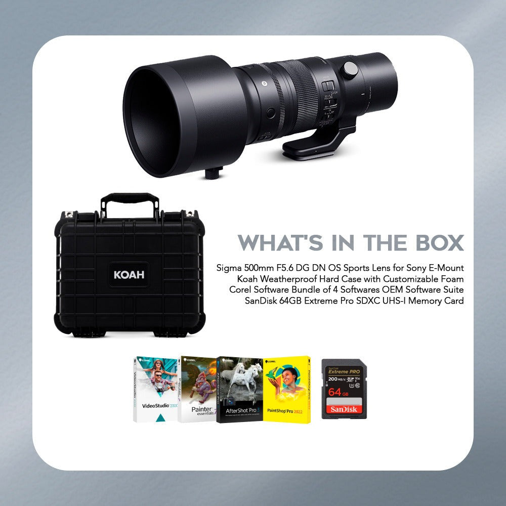 Sigma 500MM f5.6 Dg Dg OS Sports Lens With Corel Software, Sandisk 65GB Memory Card and Hard Case