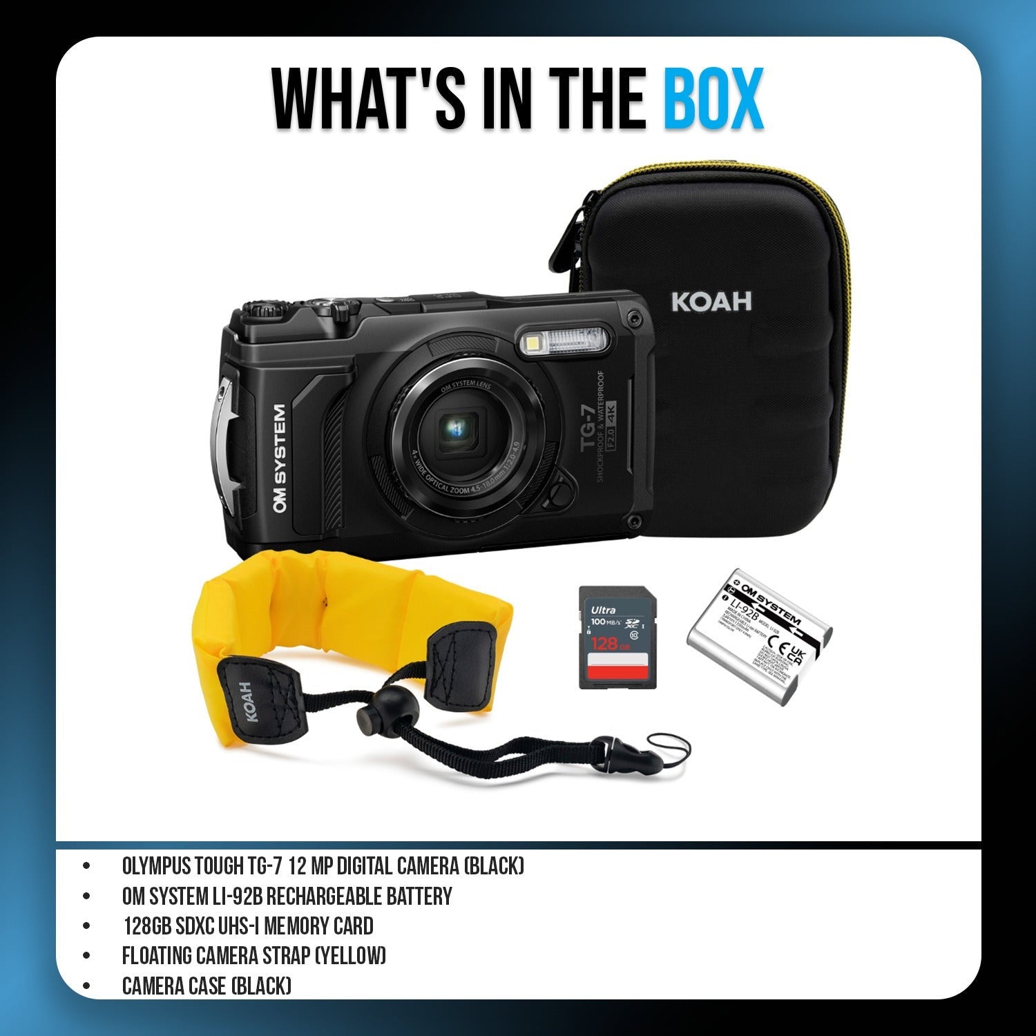 OM SYSTEM Tough TG-7 Digital Camera (Black) Bundle with 128GB Memory Card, Battery and Accessories
