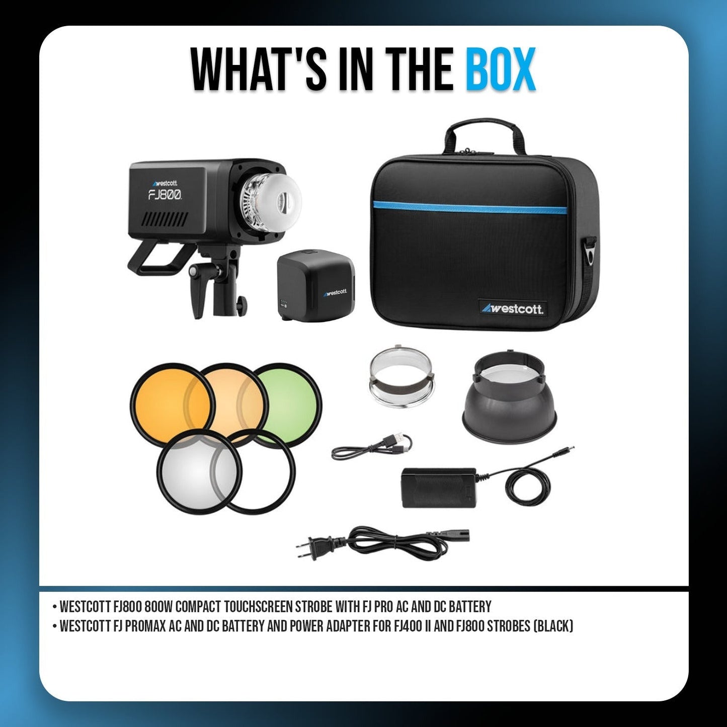 Westcott FJ800 800W Compact Touchscreen Strobe with FJ Pro AC, DC Battery Bundle