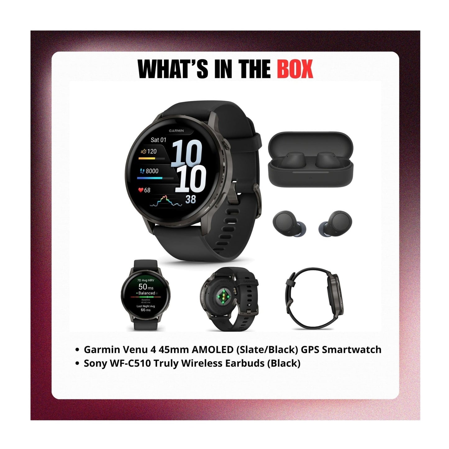 Garmin Venu 4 45mm AMOLED (Slate/Black) GPS Smartwatch with Earbuds Bundle